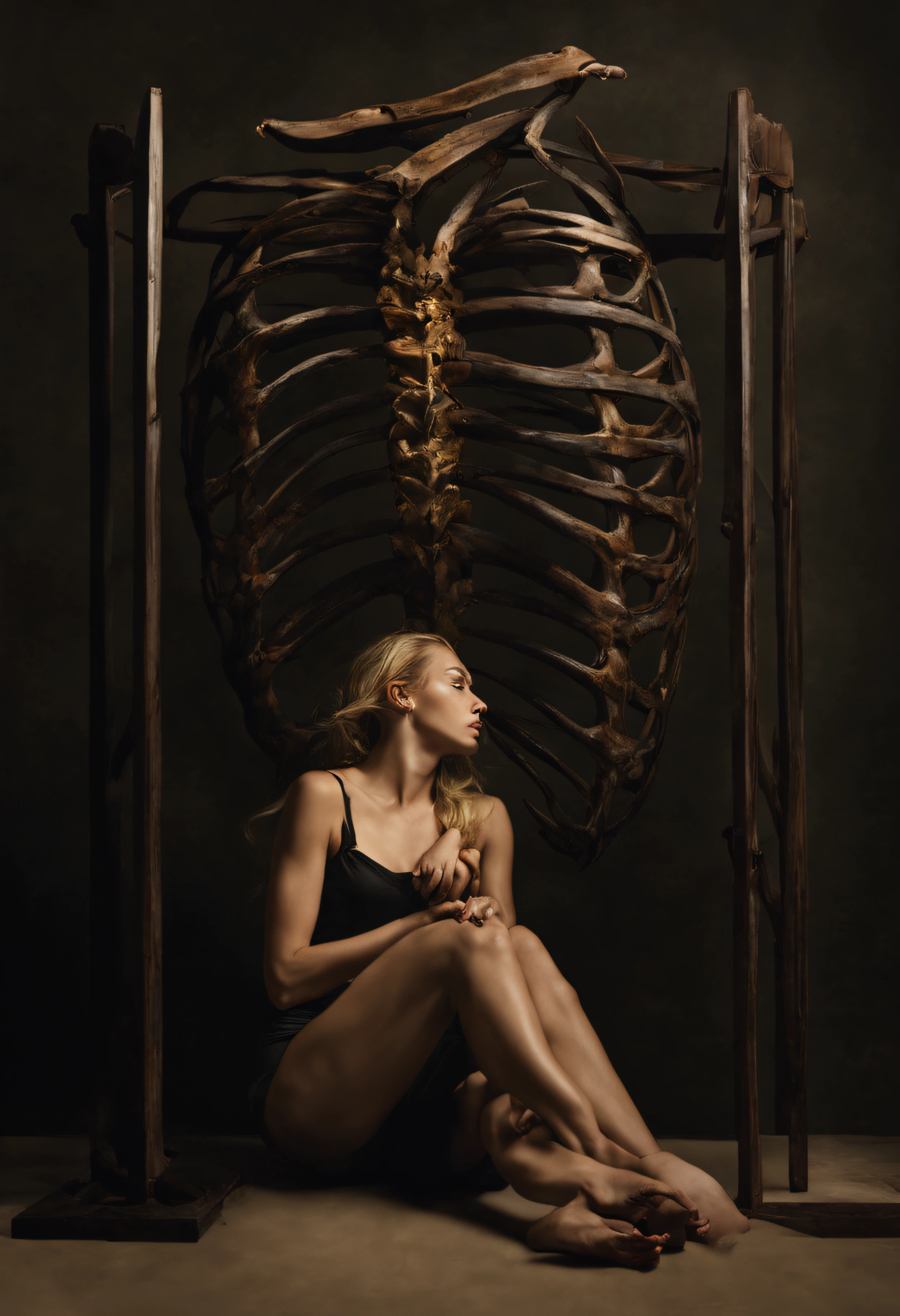 "(The best lighting, alto contraste, oscuro, dramatic),(Chica rubia junto a una cabra negra gigante, Open the rib cage, feto, autopsia, huesos humanos, sangre por las paredes). Luz Caravaggio"