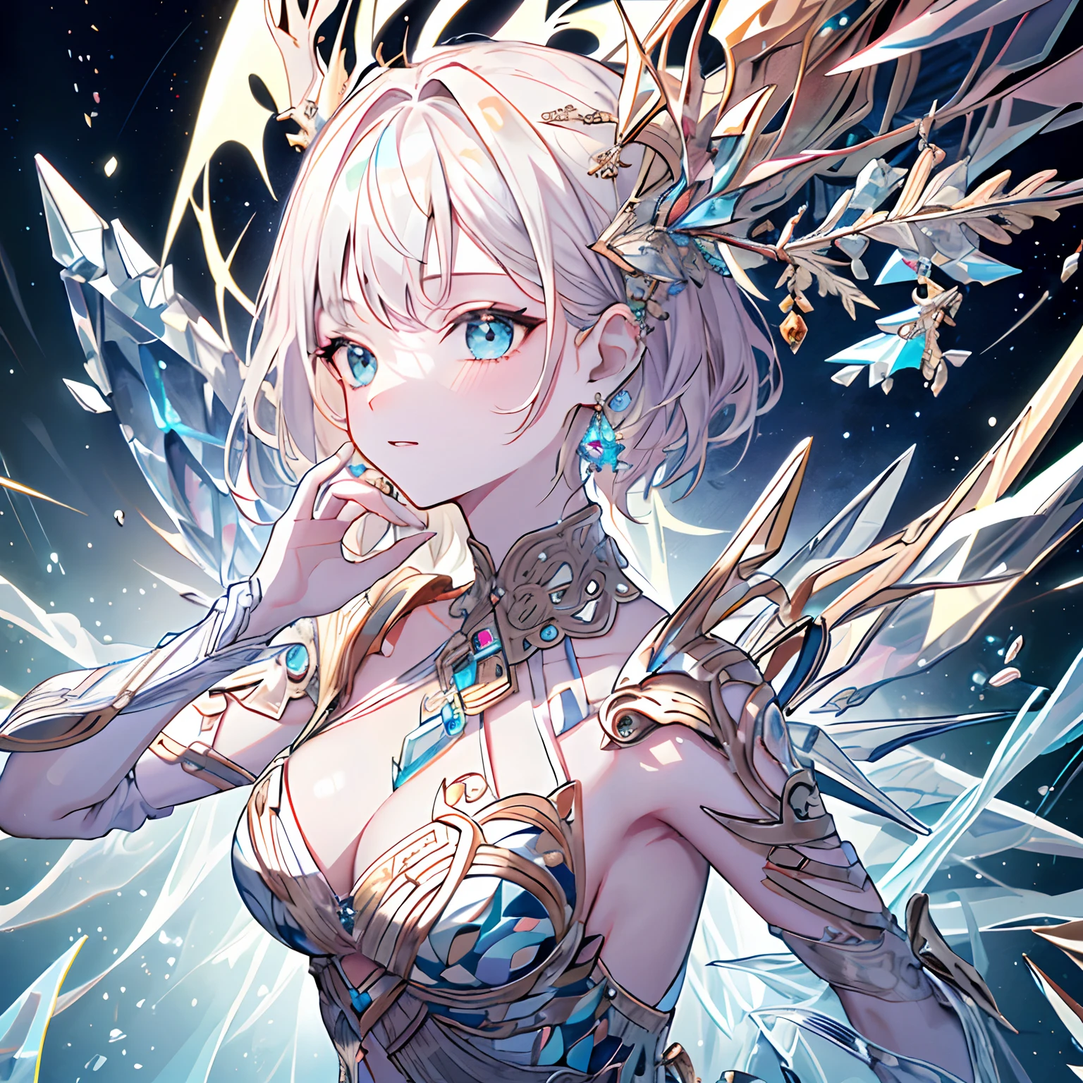 (Masterpiece, Top Quality, Best Quality, Official Art, Beauty and Aesthetics: 1.2), (1girl: 1.3), Very Detailed, (Fractal Art: 1.1), (Color: 1.1) (Diamond: 1.3), Most Detailed, (Zentangle: 1.2), (Dynamic Pose), (Abstract Background: 1.3), (Shiny Skin), (Many Colors: 1.4), ,( earrings:1.4),