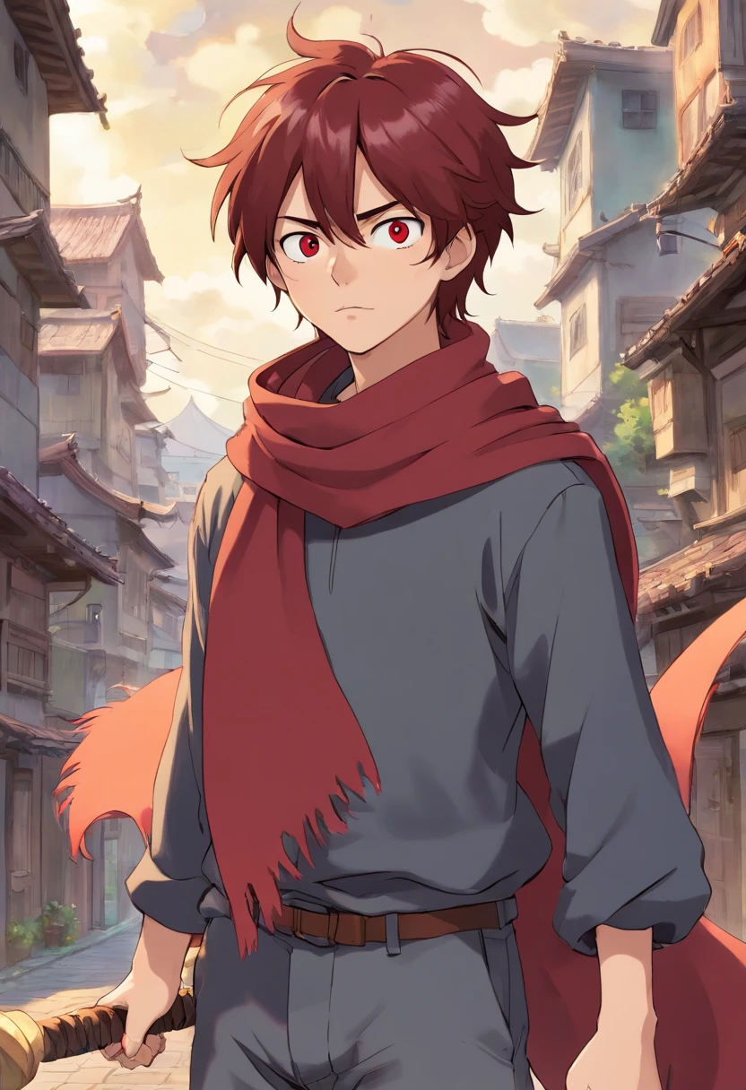 A young -yeld maith messy dark red hair, black eyes, an apocalypse-style gray long-sleeved blouse, a scarf with a long gray pants, looking tired and lazy, with a scar on his face, a relaxed posture holding a ninja scythe;