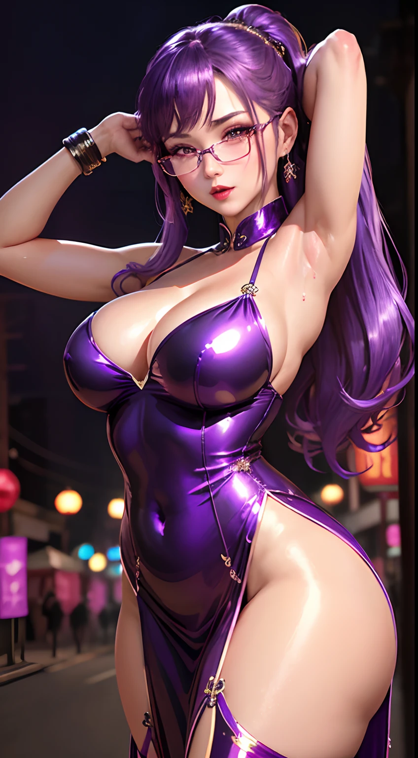 ((Glossy Metallic Purple China Long Dress))　Enamel stockings　Chinese Idol　Purple hair　red-lips　((A MILF))　Glowing face　Erotic look　Flushed cheeks　eye glass　cute little　Whip whip　large boob　full of sweat　sweaty and shiny face　Clean armpits　Fold your hands behind your head　(Neon Street at Night)