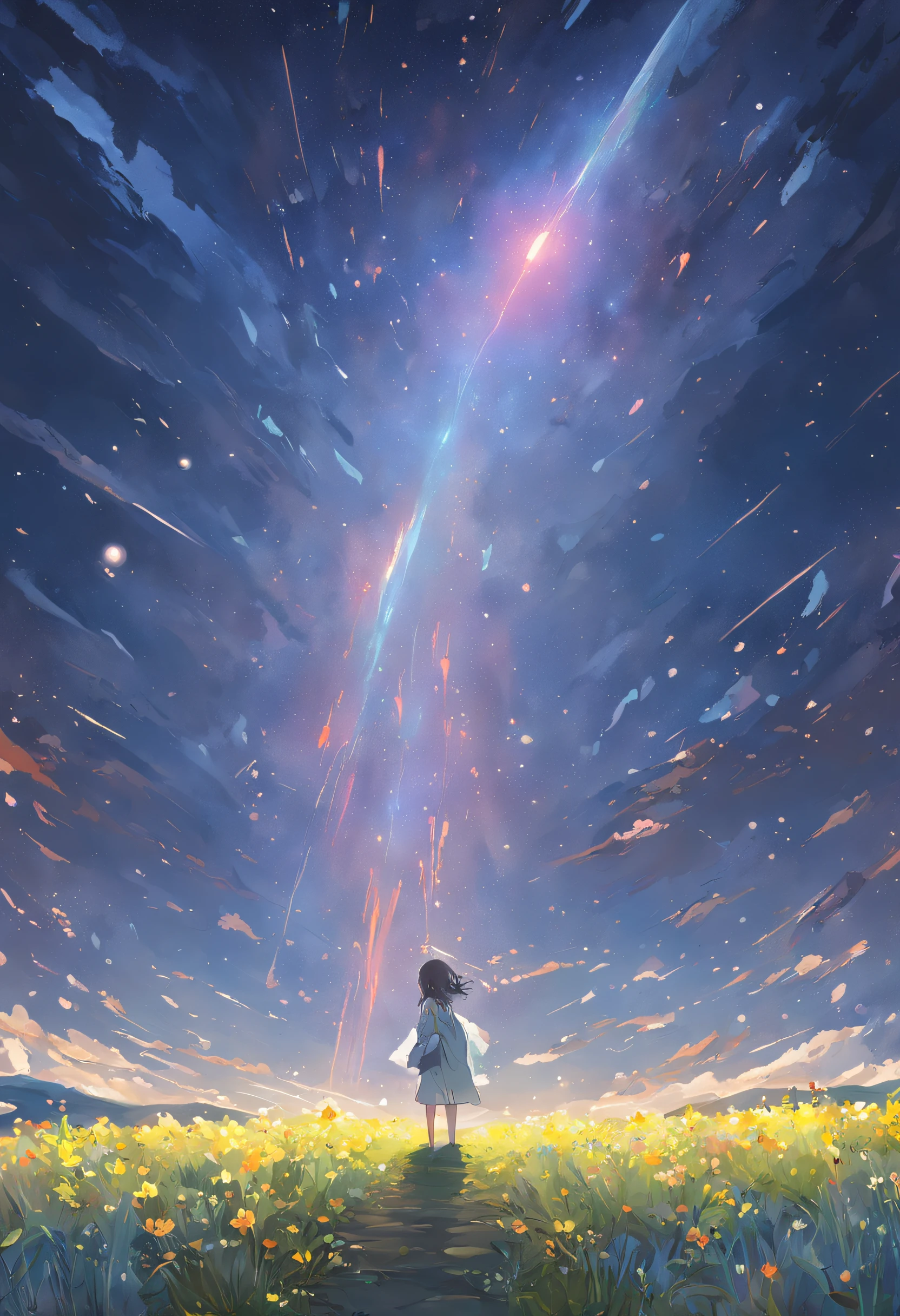 Expansive landscape photograph,(look from down,Above is the sky,Below are open fields),A girl standing on a flower field looking up,(moon full:1.2),(meteors:0.9),(Starcloud:1.3),Far Mountain, Tree BREAK making art,(Warm light source:1.2),(glowworm:1.2),lamp lights,Lots of purple and orange,Complicated details,Volumetric lighting BREAK(tmasterpiece:1.2),(best qualtiy),4k,ultra - detailed,(dynamic compositions:1.4),detail-rich,plethora of colors,(Irridescent color:1.2),(with light glowing,Atmospheric lighting),dream magical,magical,(独奏:1.2