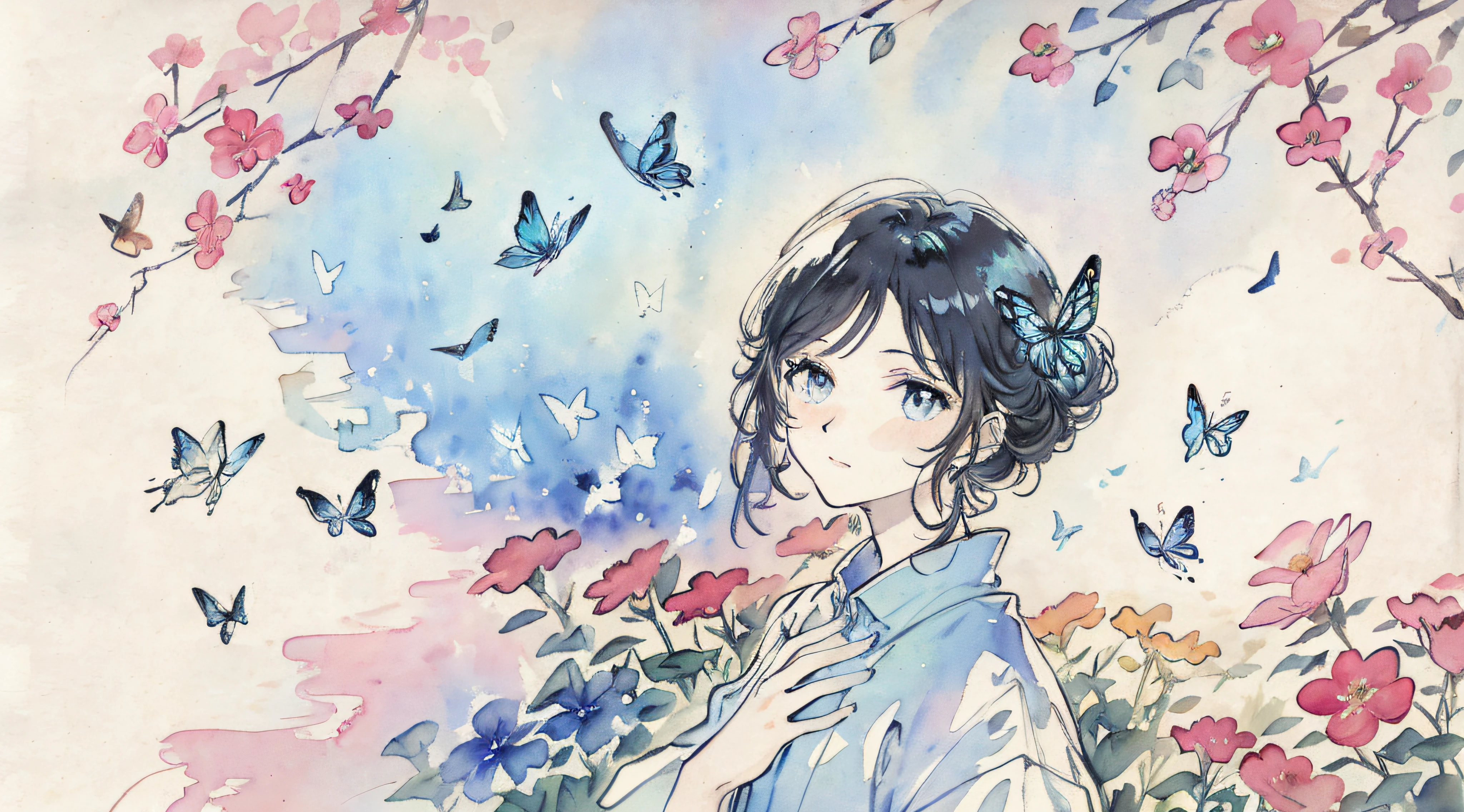 flowers & butterflies, watercolor painted, masterpiece, high quality, trending art, nature, best illustration