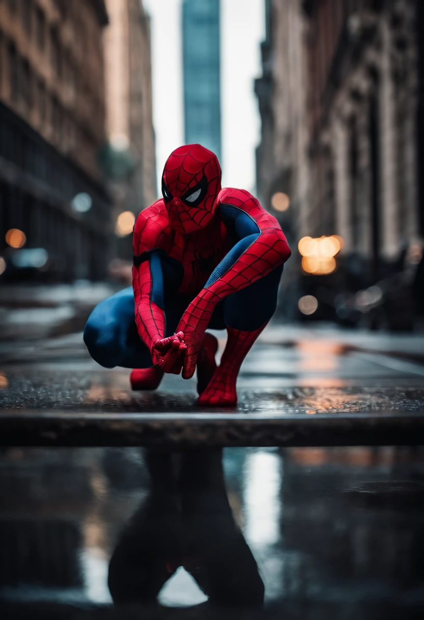 Homem aranha,realista,hiper realismo, Athletic muscle,com o trage vermelho e azul saturado com textura. E uma jaqueta por cima do traje