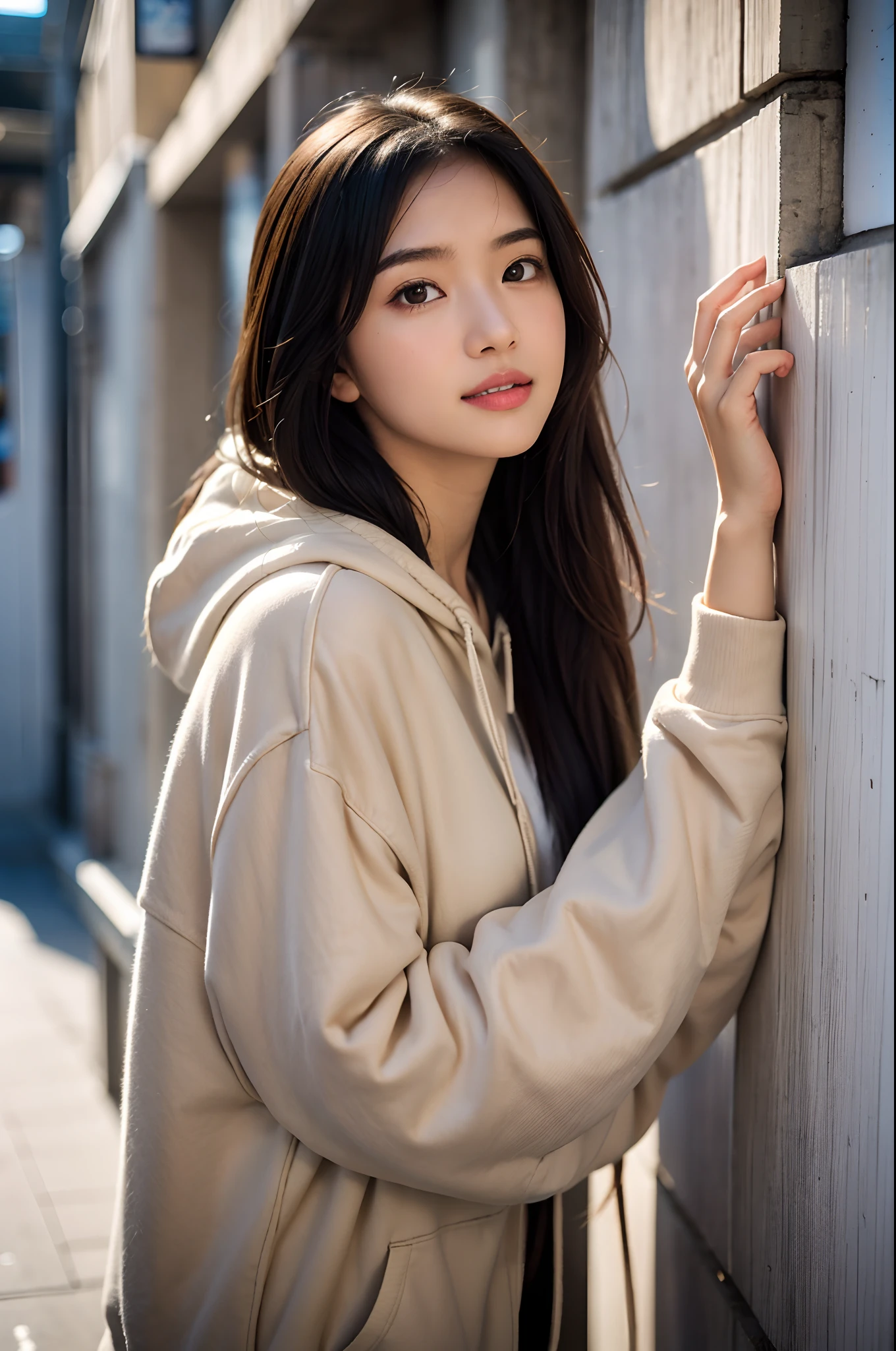 arafed woman leaning against a wall with a picture on it, girl wearing hoodie, beige hoodie, taken with canon eos 5 d mark iv, black haired girl wearing hoodie, mid shot portrait, taken with canon eos 5 d, taken with canon 5d mk4, wearing an oversized hoodie, taken with canon 8 0 d, taken with a canon eos 5 d