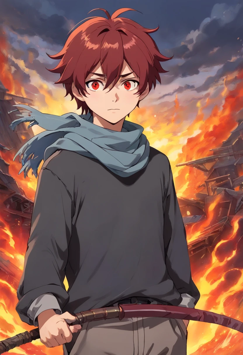 A young 17-year-old man with messy dark red hair, black eyes, a gray apocalypse-style long-sleeved blouse, a scarf with a long gray pants with a tired and lazy look with a scar on his face, a relaxed posture holding a lava scythe.