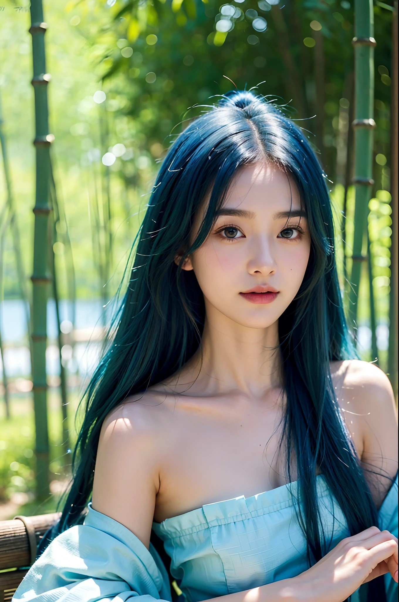 masterpiece, best quality, 8k, Very detailed, 1 girl, blue hair, long-haired, detailed eyes, Gump Forest, Bare shoulders, hanfu, large boobs, lakes, Soft smile, bamboo, close-up face,