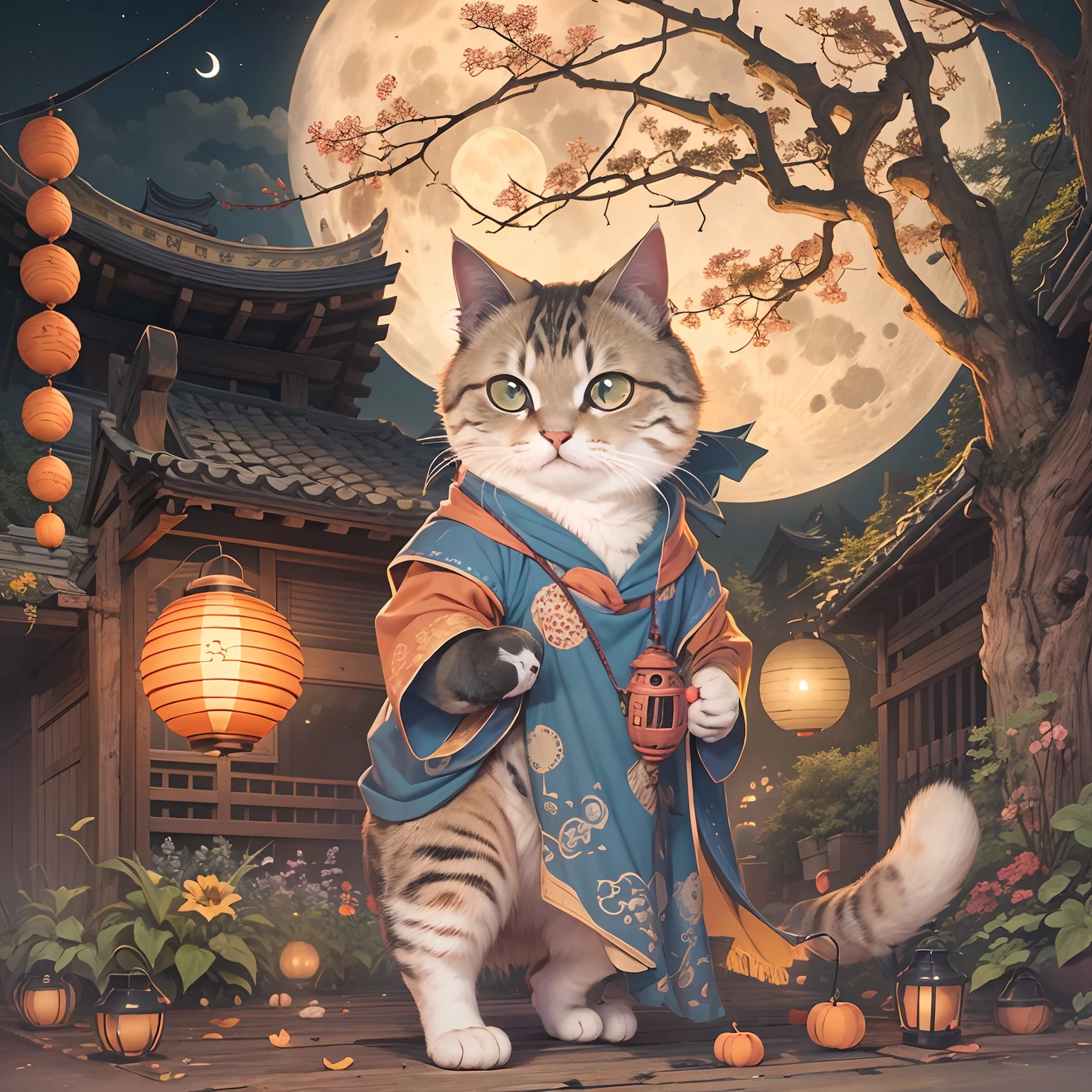 Mid-Autumn Full Moon, A round-eyed cat carrying a Mid-Autumn Festival lantern, yard.