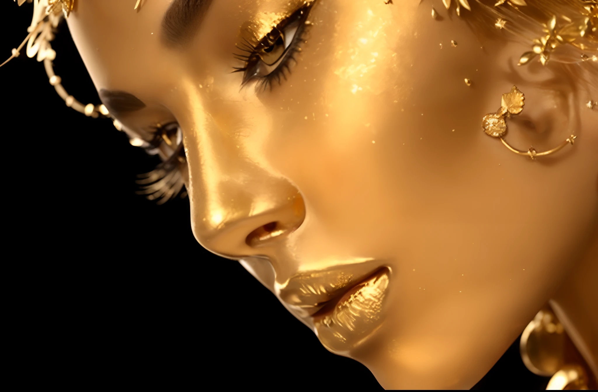 arafed woman with gold make up and jewelry on her face, realistic gold, inspired by Hedi Xandt, detailed beautfiul face, smooth gold skin, glistening gold, gold skin, gilded gold, gold glow, gilded with gold, gold bodypaint, golden bodypaint, golden skin, golden glistening, gold paint, gilded gold and diamonds