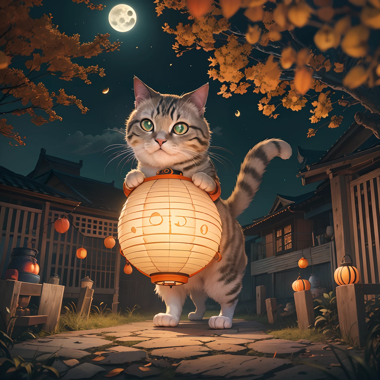 Mid-Autumn Full Moon, A round-eyed cat carrying a Mid-Autumn Festival lantern, yard.