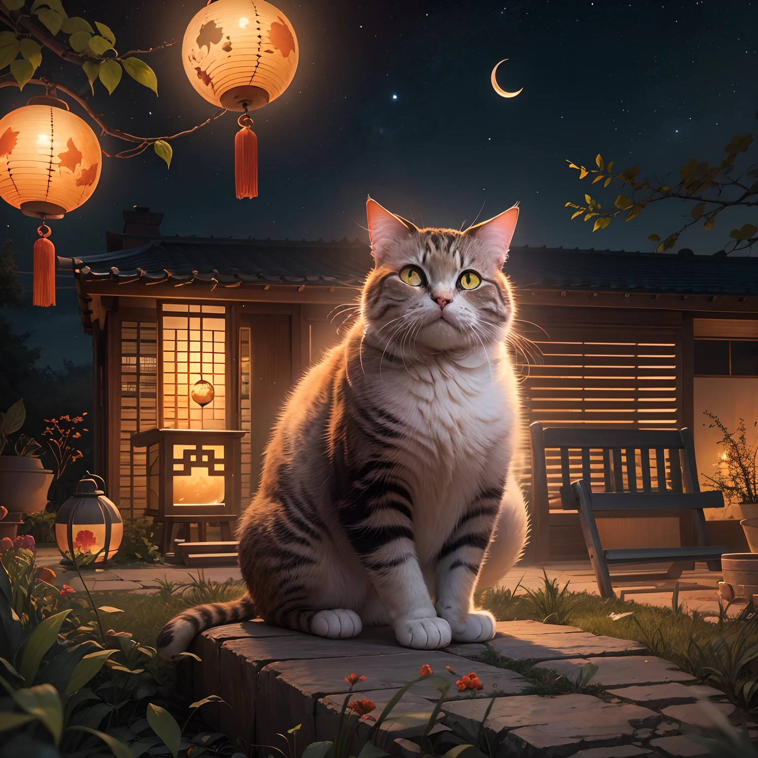 Mid-Autumn Full Moon, A round-eyed cat carrying a Mid-Autumn Festival lantern, yard.