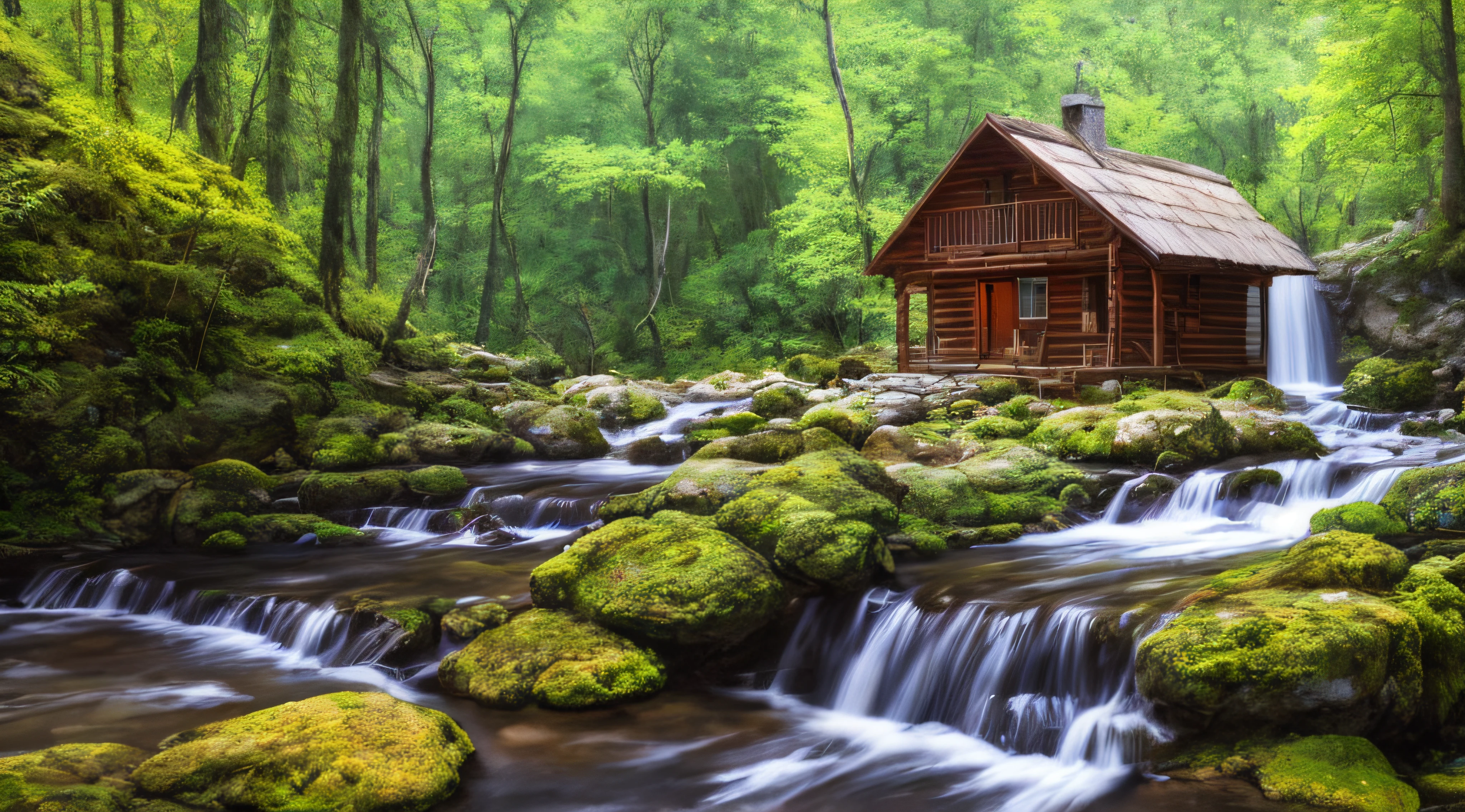 painting of a cabin in a mountain stream with a waterfall, 4 k oil painting, beautiful oil matte painting, oil painting 4 k, oil painting 4k, cottage in the forest, beautiful oil painting on canvas, beautiful digital painting, smooth oil painting, beautiful art uhd 4 k, 8 k hd detailed oil painting, oil digital painting