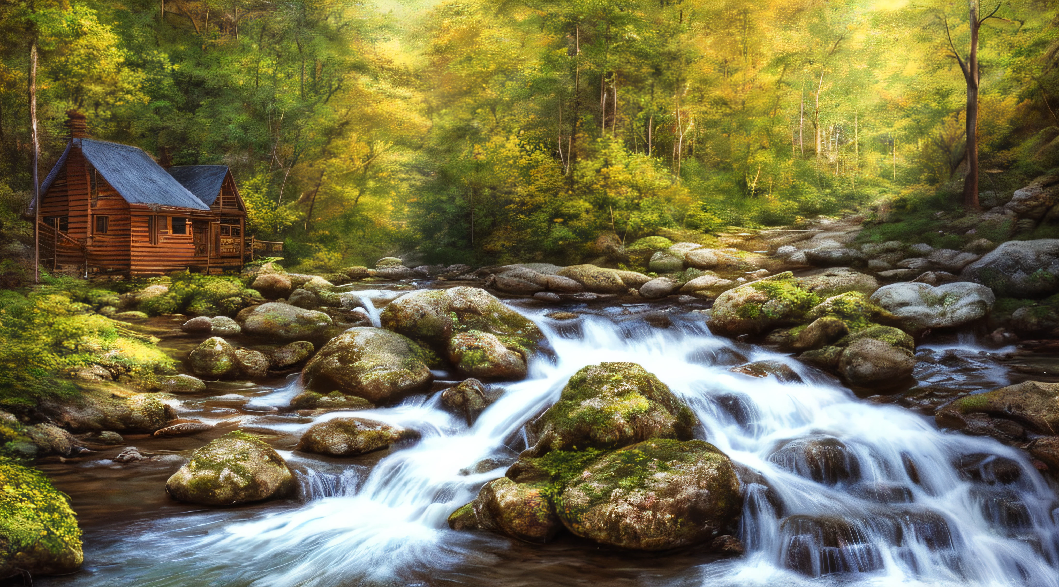 painting of a cabin in a mountain stream with a waterfall, 4 k oil painting, beautiful oil matte painting, oil painting 4 k, oil painting 4k, cottage in the forest, beautiful oil painting on canvas, beautiful digital painting, smooth oil painting, beautiful art uhd 4 k, 8 k hd detailed oil painting, oil digital painting