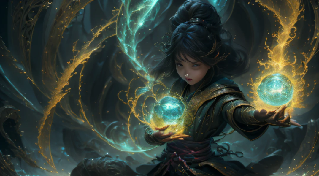 (1girll:1.3)Fantasy brunette fairy tales,(absurderes, A high resolution, ultra - detailed, hdr), tmasterpiece, best qualityer, goodlooking,Eyes, eyes with brightness, black mantle, Girl, Arrogant guy, full bodyesbian, Magic Vortex, spark of light, swirles, Halo Black, Black cloudy sky, Abyss, abstract backgrounds, in the side, Found it, jumpping(1girll:1.3)Yellow-gold(((swirles)))((Collect gas in your hands))