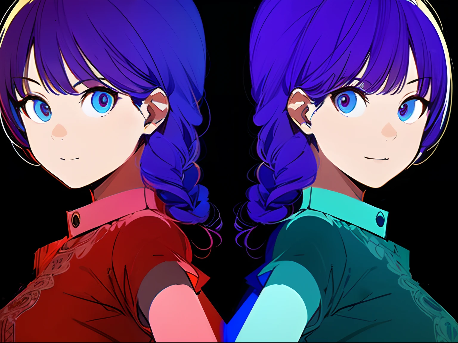 same person, multiple expressions, multiple poses, different outfits, high color, 2 person reflection living in different eras