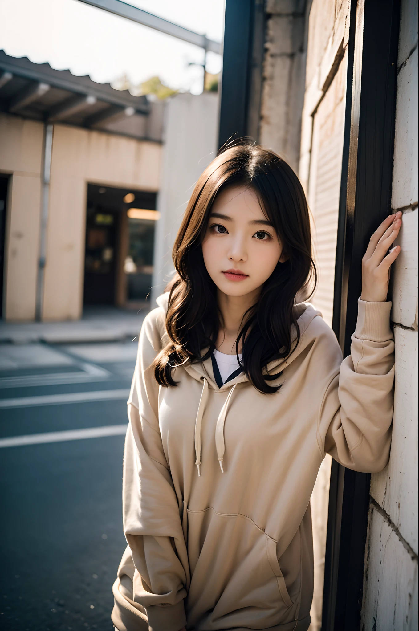 arafed woman leaning against a wall with a picture on it, a picture inspired by Kim Jeong-hui, unsplash, visual art, girl wearing hoodie, beige hoodie, taken with canon eos 5 d mark iv, black haired girl wearing hoodie, mid shot portrait, taken with canon eos 5 d, taken with canon 5d mk4, wearing an oversized hoodie