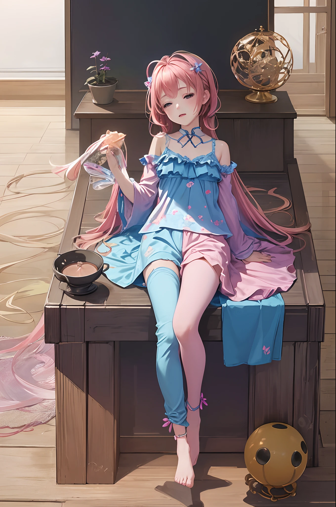 (masterpiece、top-quality、Official art:1.2)、(colourfull)、miku hatsune、see the beholder、1girl in、portlate、独奏、Colorful water levitation、girl sleeping、realisticlying、She wears long pants、Wearing pink pajamas、