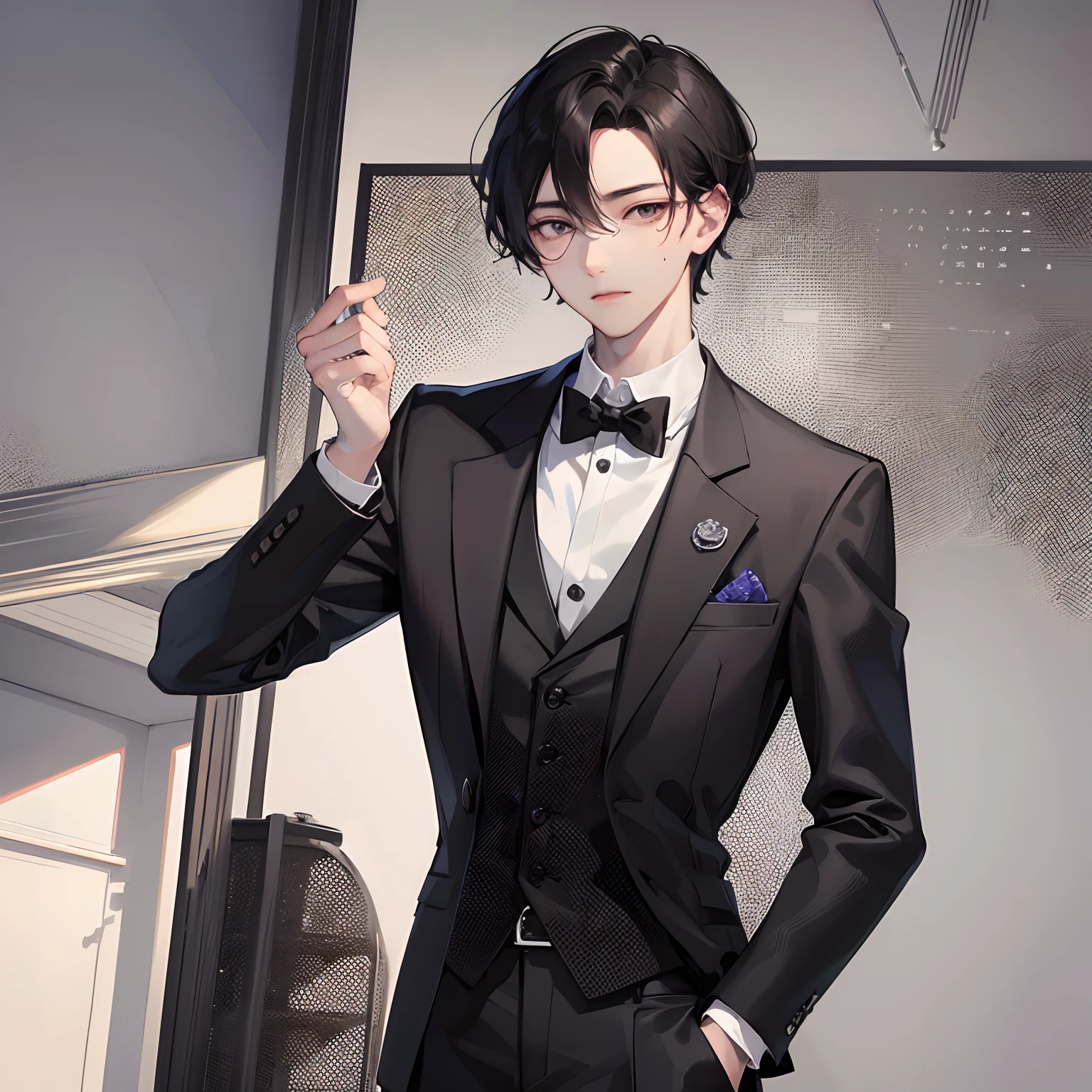 Adonis、Dressed in a suit、Boy with black hair、Straight face、A detailed face、1 boy、Classic、Arrogant man、top grade、Center division、Forehead、Mole、One Man、A sexy