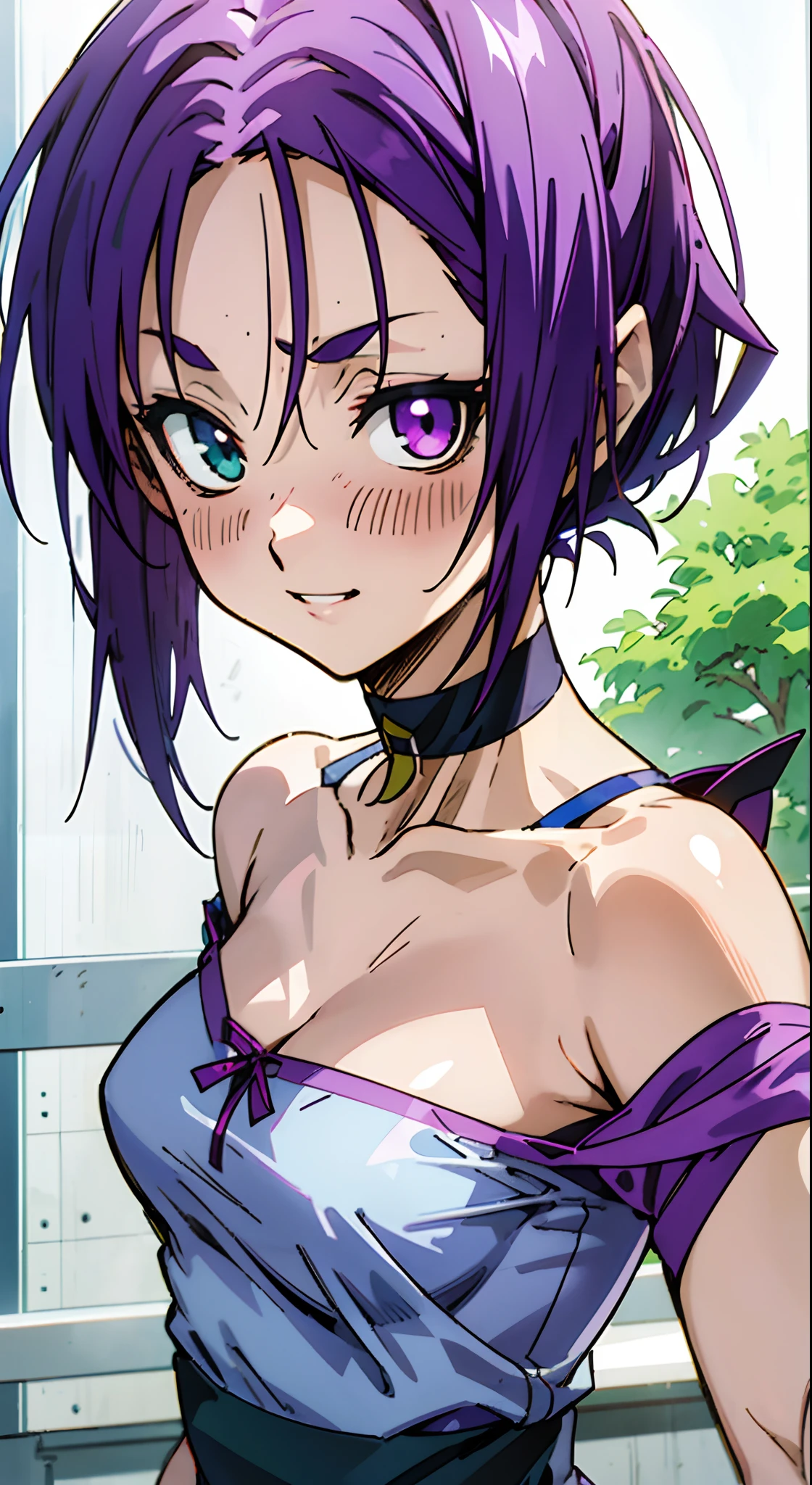 masutepiece, Best Quality, Ultra-detailed, Off-the-shoulder clothing, Colorful,Up-close, Hyper-detailing,purple color hair, Reo Mikage, Blue Lock, no sleeves, Camisole, Blue Camisole, Cheongsam, chinese clothes, Chest exposure, Underwear, Metamorphosis is exposed, Choker, arm warmer, Sexy breasts, Scar, Big breasts, red blush, 1girl in, Solo, Sharp face, Heterochromia, Green eyes, Purple eyes, Bare neck, Happy face, rays of sunshine, Brave Sky, shining sky, Slums