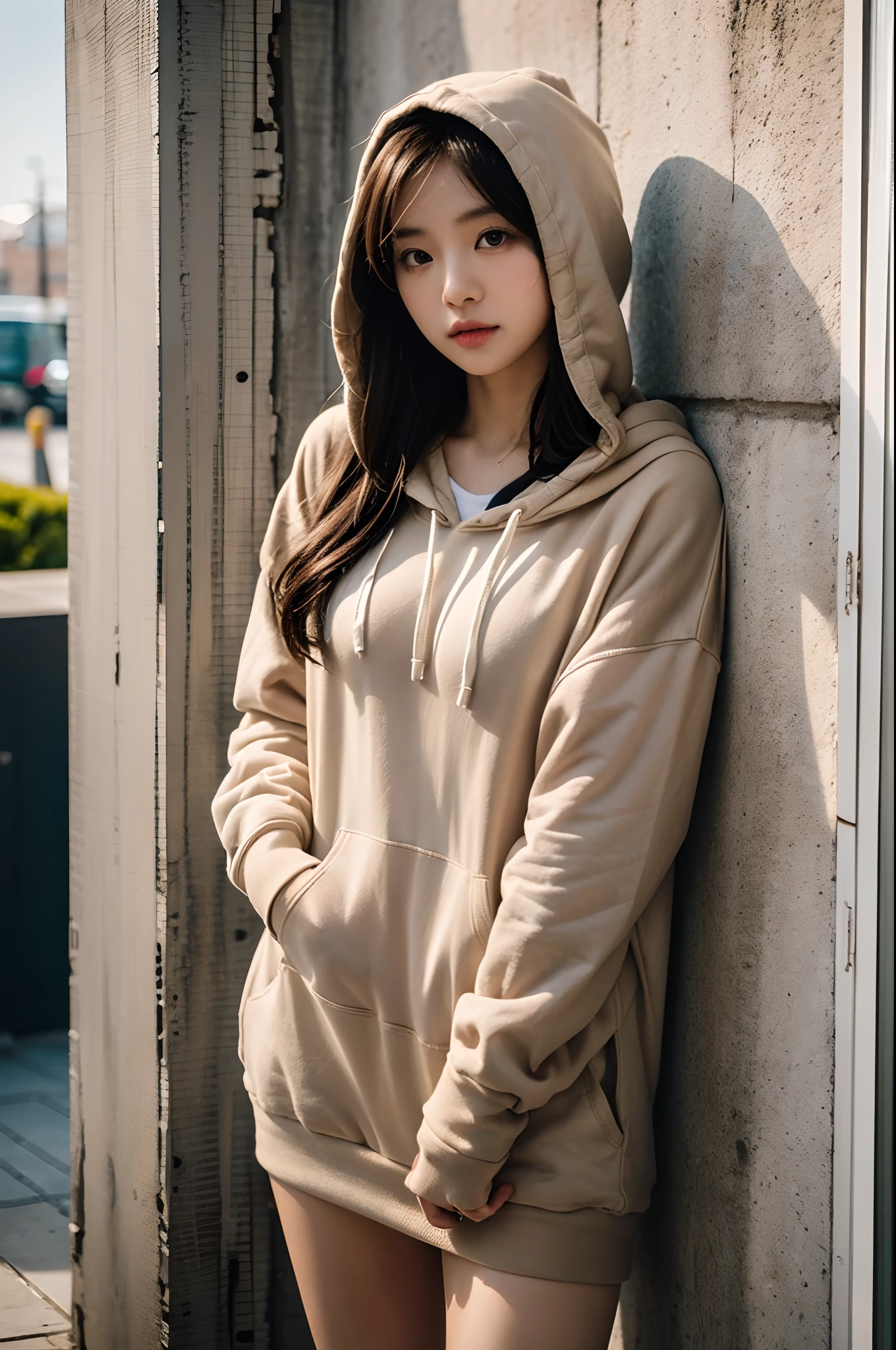 arafed woman leaning against a wall with a picture on it, a picture inspired by Kim Jeong-hui, unsplash, visual art, girl wearing hoodie, beige hoodie, taken with canon eos 5 d mark iv, black haired girl wearing hoodie, mid shot portrait, taken with canon eos 5 d, taken with canon 5d mk4, wearing an oversized hoodie