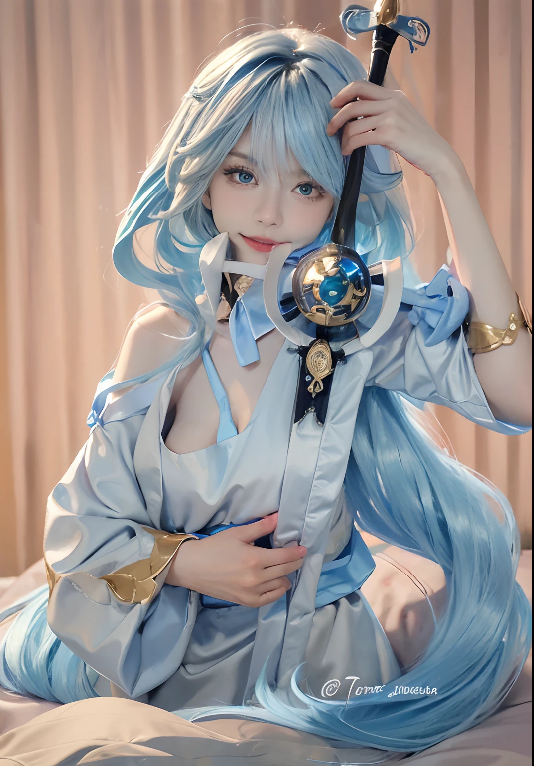 ((Best picture quality, 8K, tmasterpiece:1.3)), 1 girl like. Furina Beautiful woman with slender abs:1.3, (white blue hairstyle like a furina in genshin impact, dress:1.1,Ultra-fine face, A detailed eye, 二重まぶた,ssmile,Home,adolable,parted lip,japanaese girl,a cute girl face