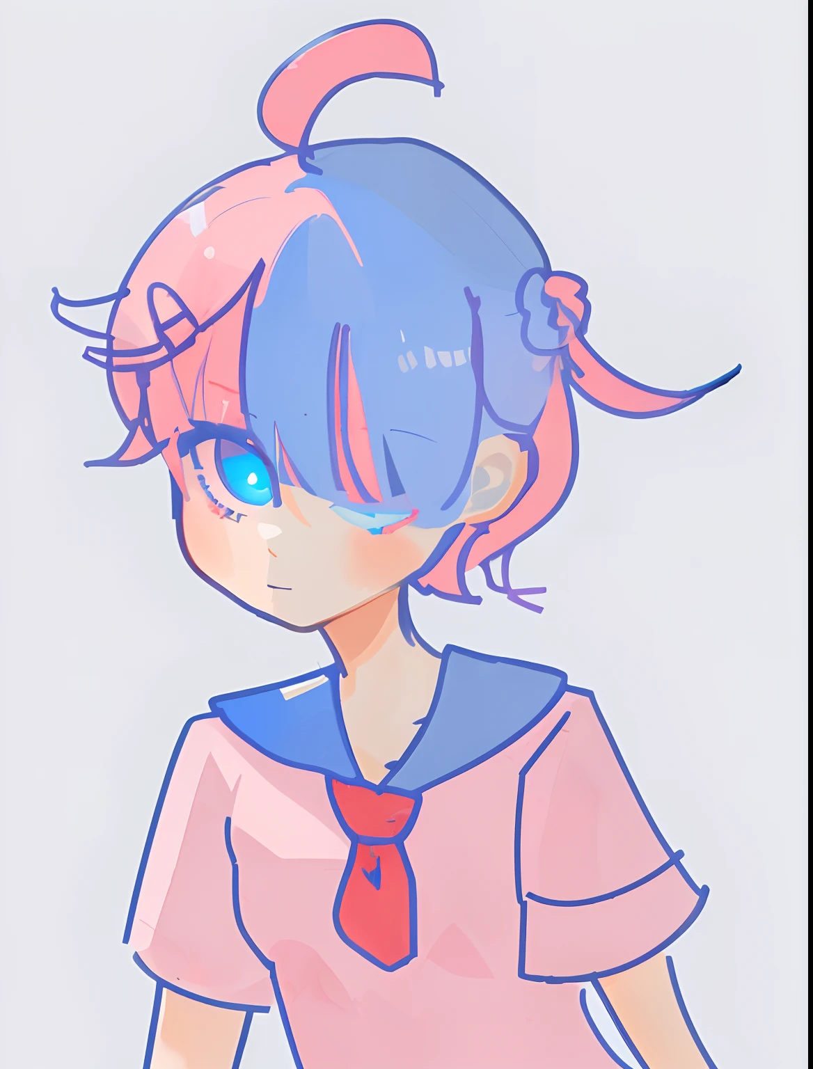 School girl, pink hair, blue sailor uniform, red necktie, blue eyes, blue sky, blue hair pin, white scrunchy