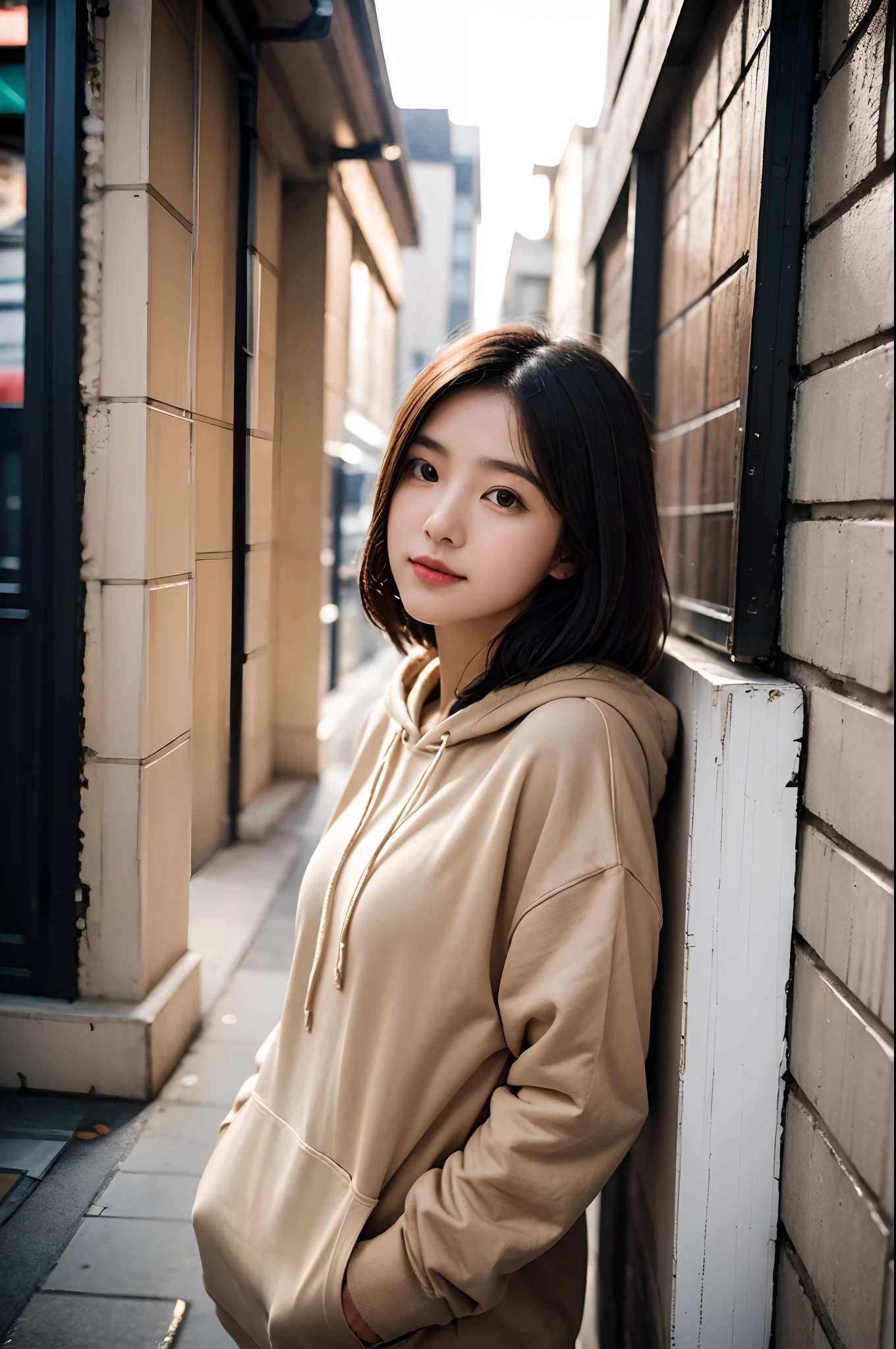 arafed woman leaning against a wall with a picture on it, a picture inspired by Kim Jeong-hui, unsplash, visual art, girl wearing hoodie, beige hoodie, taken with canon eos 5 d mark iv, black haired girl wearing hoodie, mid shot portrait, taken with canon eos 5 d, taken with canon 5d mk4, wearing an oversized hoodie