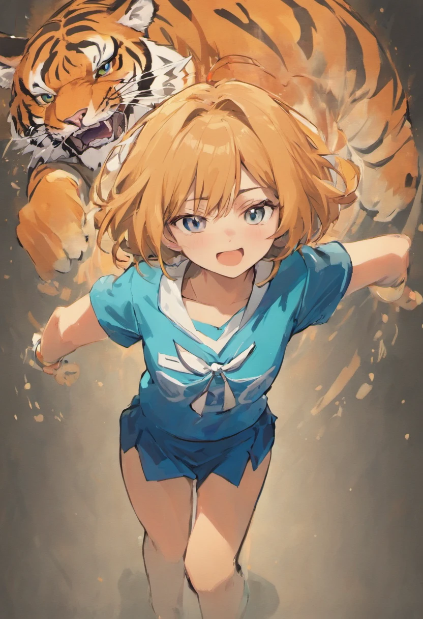 um personagem para desenho sendo um ((tigre branco)) , usando uma ((camisa azul)), smiling and with open arms, para desenhos animados