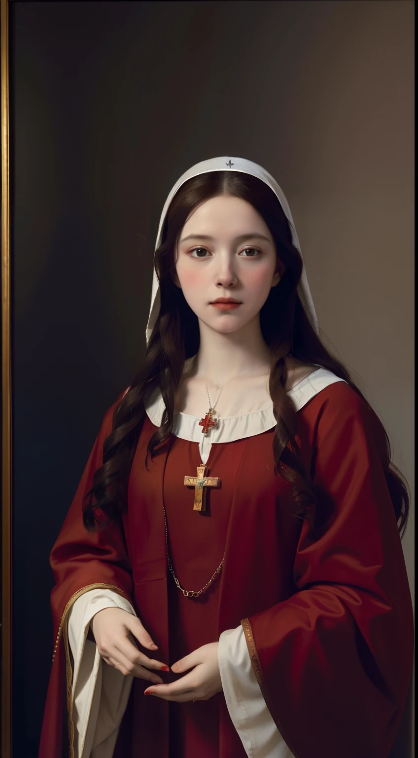a painting of a woman in a red and white robe holding a rosary, virgin mary, inspired by Petrus Christus, portrait of virgin mary, by Petrus Christus, inspired by Geertgen tot Sint Jans, unknown artist, johannes vemeer, inspired by Mathieu Le Nain, majestic saint woman, masterpiece, zurbaran, dutch masterpiece