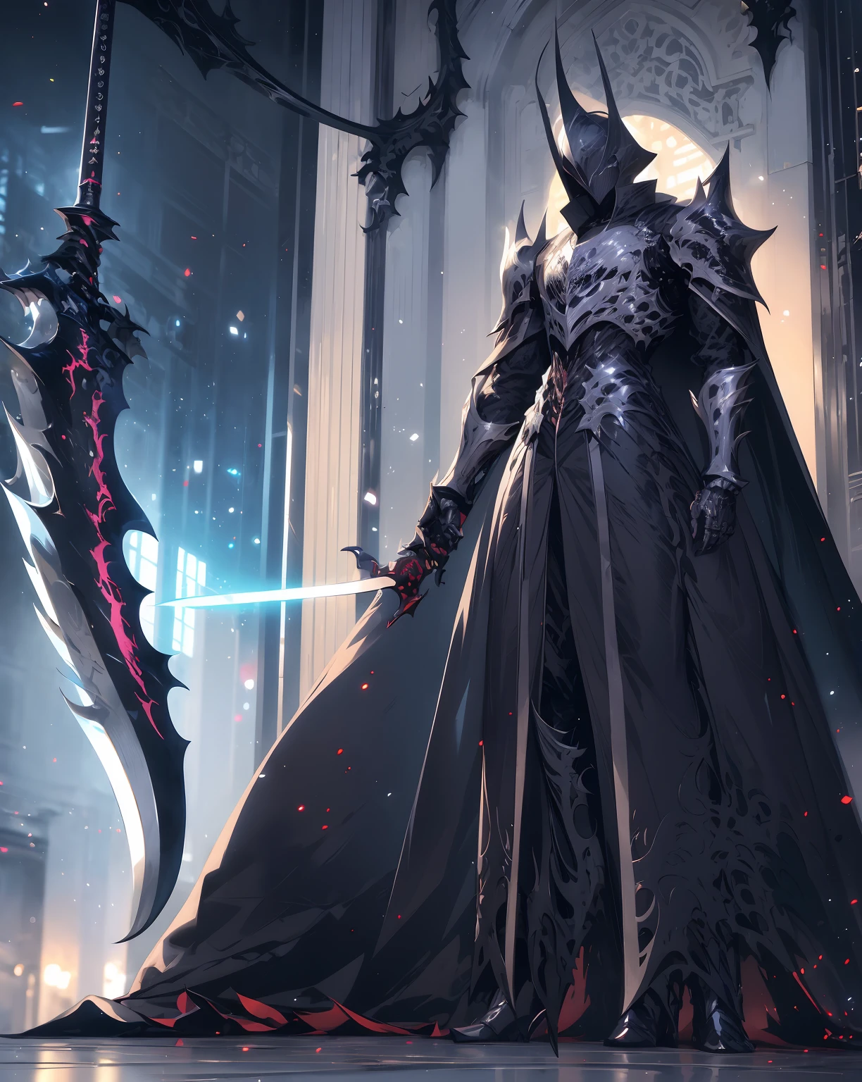 anime character with sword standing in front of a building, fallen knight, from arknights, gothic knight, evil knight, the style of wlop, fantasy knight, knight, royal emperor, dark souls knight, off-white plated armor, wearing heavy armor with cape, black heavy armor with gold trim, smooth anime cg art, artorias, glowing sword, (solo), (1 boy)