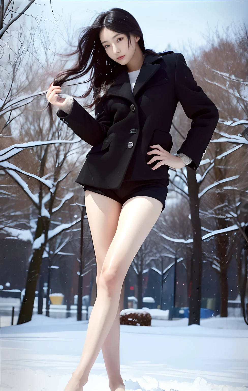 A Japanese Lady、beauitful face、二重まぶた、Big eyes、Long Black Hair、Black coat、Micro shorts、beauty legs、Raw feet、long legged、tall、model poses、Oyuki、snow blowing、snow cover、Wind-tousled hair、heavy wind
