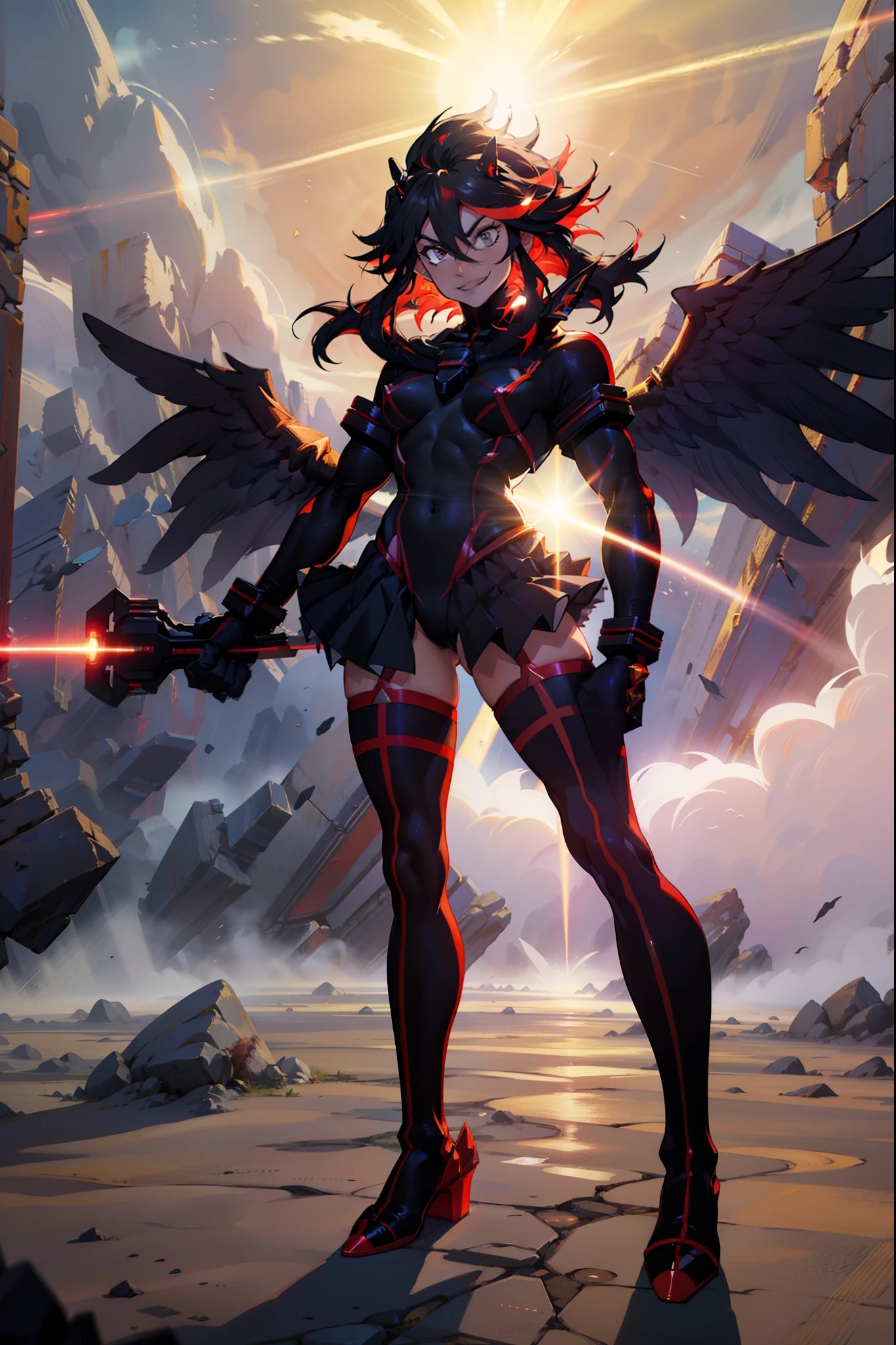 Anime, ryoko matoi,flying through the sky with black angel wings, golden leotard armor, In Battle, Chaos, shooting laser beams from hands, masterpiece ,pantyhose, boots,magicagirl body suit, large skirt, smile, long skirt,standing,smile forest,smile, full body, red hair