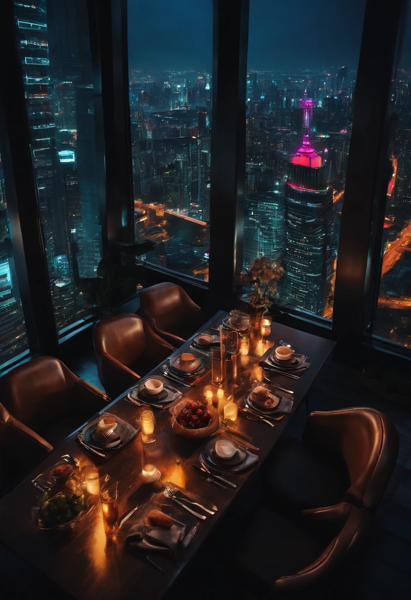 Skyscraper rooftop lunch dining cyberpunk night view neon lights big city top quality masterpiece ultra high definition