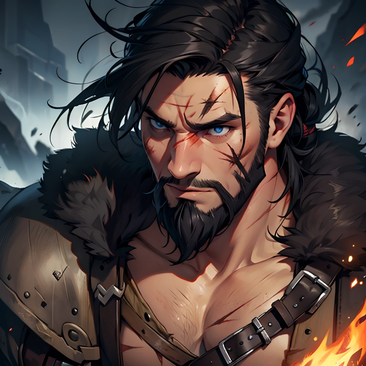 Viking Berserker. Dark Black Hair. Left blind eye. Huge scar in his face