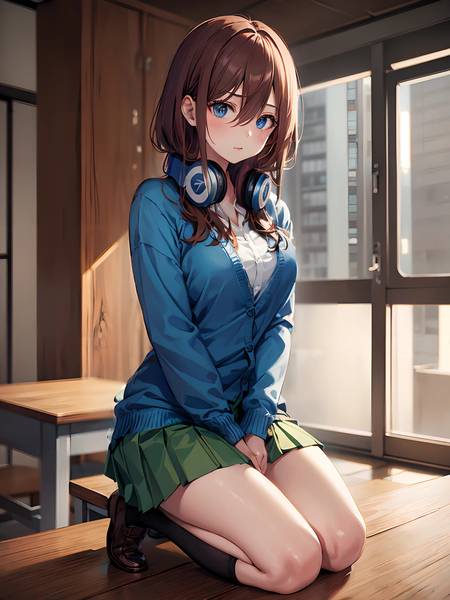 (chica anime),(((((((((chica sentada en una silla con una mesa con un tablero de ajedrez))))))))), ((ajedrez)), ojos azules, ((peliroja)),((((((tablero de ajedrez)))))), (((brown hair))),anime,sexy, crimson red,((((piezas blancas y negras)))), negro y blanco ajedrez,((piezas de ajedrez)), chica anime, seductora, ((Miku nakano))