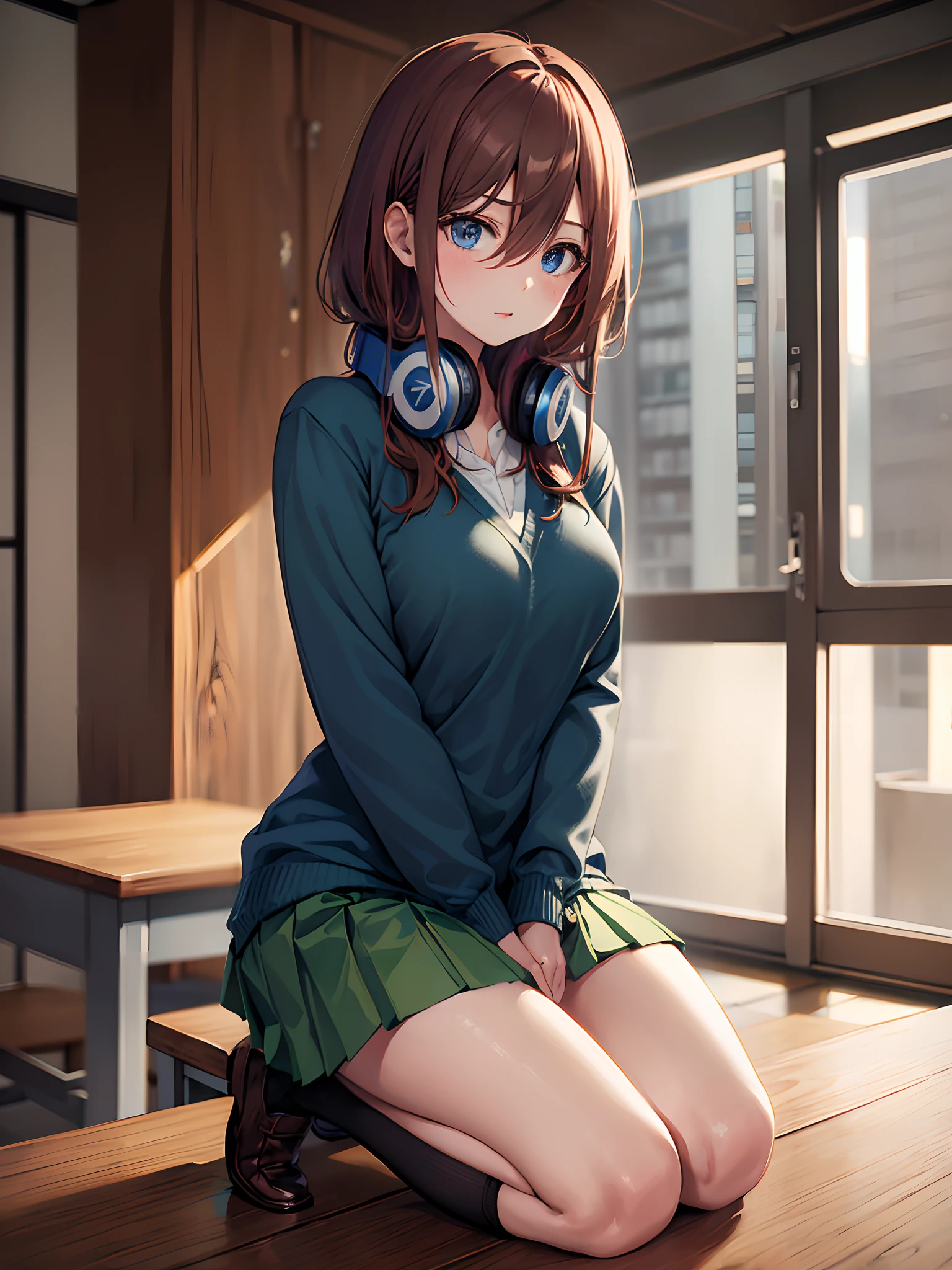  highest quality, highest quality, beautiful anime、anime style, best lighting、fine skin 、beautifully drawn eyes、clear eyes、((nakano miku, brown hair, hair between eyes, blue cardigan, headphones、thin legs、green skirt、in the heat、embarrassing,orgasm,naughty face、sitting,spread legs,blue panties,love juice,female masturbation))、(((evening、classroom、after school,wooden chair)))、NSFW、look away, Side view