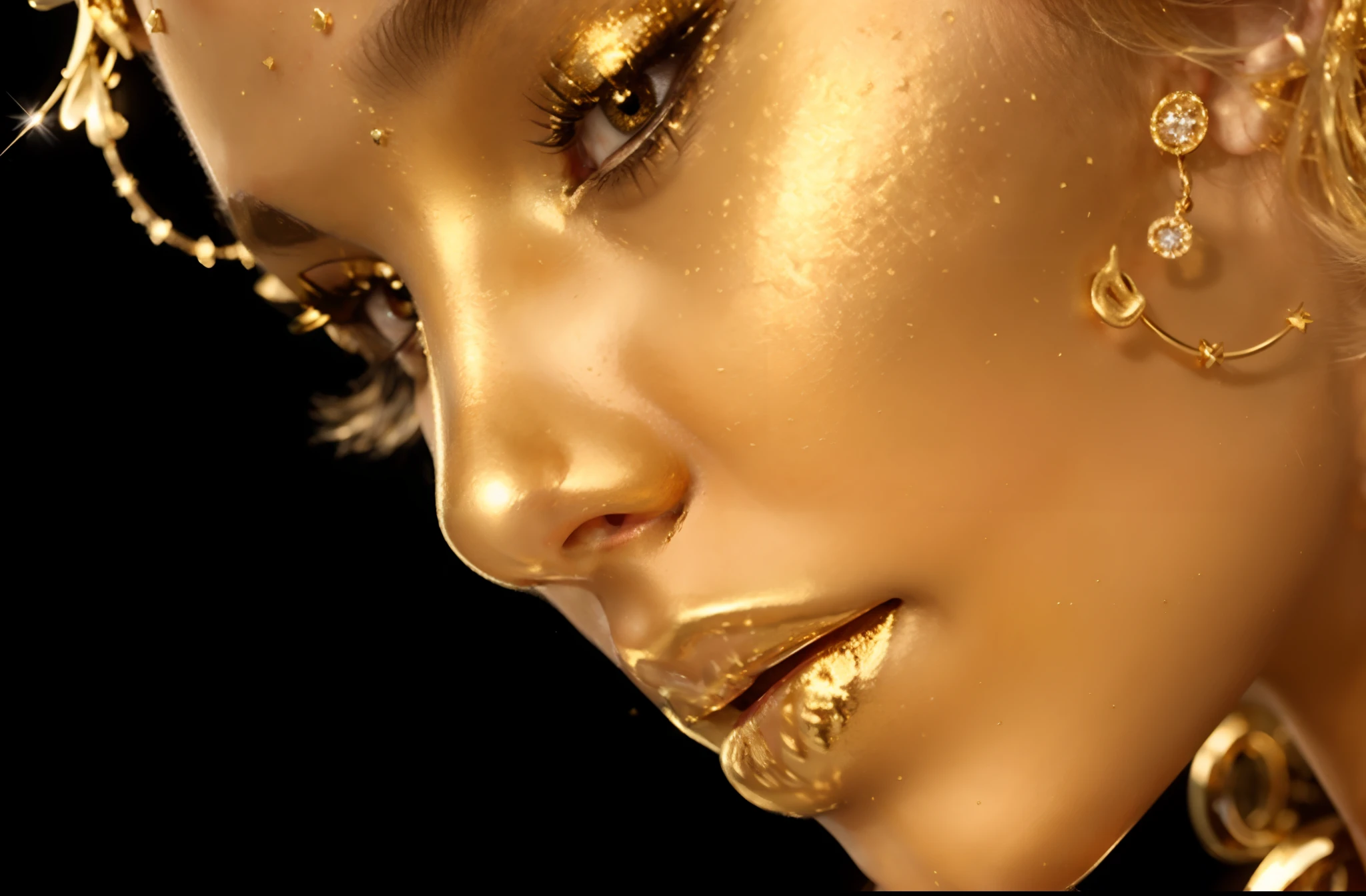 hi resolution, high details, woman with gold make up and jewelry on her face, realistic gold, inspired by Hedi Xandt, detailed beautfiul face, smooth gold skin, glistening gold, gold skin, gilded gold, gold glow, gilded with gold, gold bodypaint, golden bodypaint, golden skin, golden glistening, gold paint, gilded gold and diamonds