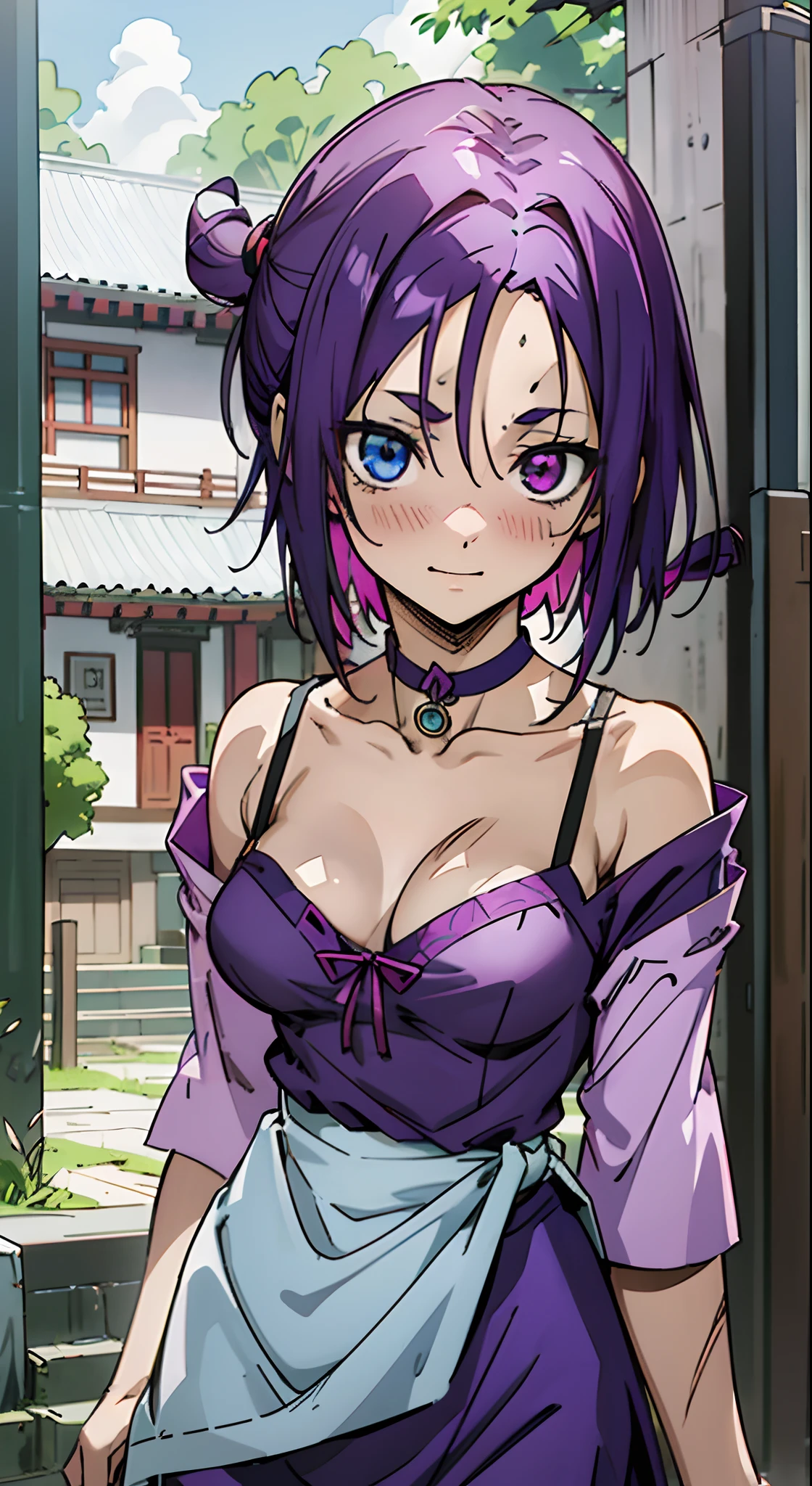 masutepiece, Best Quality, Ultra-detailed, Off-the-shoulder clothing, Colorful,Up-close, Hyper-detailing，purple color  hair, Reo Mikage, Blue Lock, no sleeves, Camisole, Blue Camisole, Cheongsam, chinese clothes, Chest exposure, Underwear, Metamorphosis is exposed, Choker, arm warmer, Sexy breasts, Scar, Big breasts, red blush, 1girl in, Solo, Sharp face, Heterochromia, Green eyes, Purple eyes, Bare neck, Happy face, rays of sunshine, Brave Sky, shining sky, Village of Shanghai, Slums