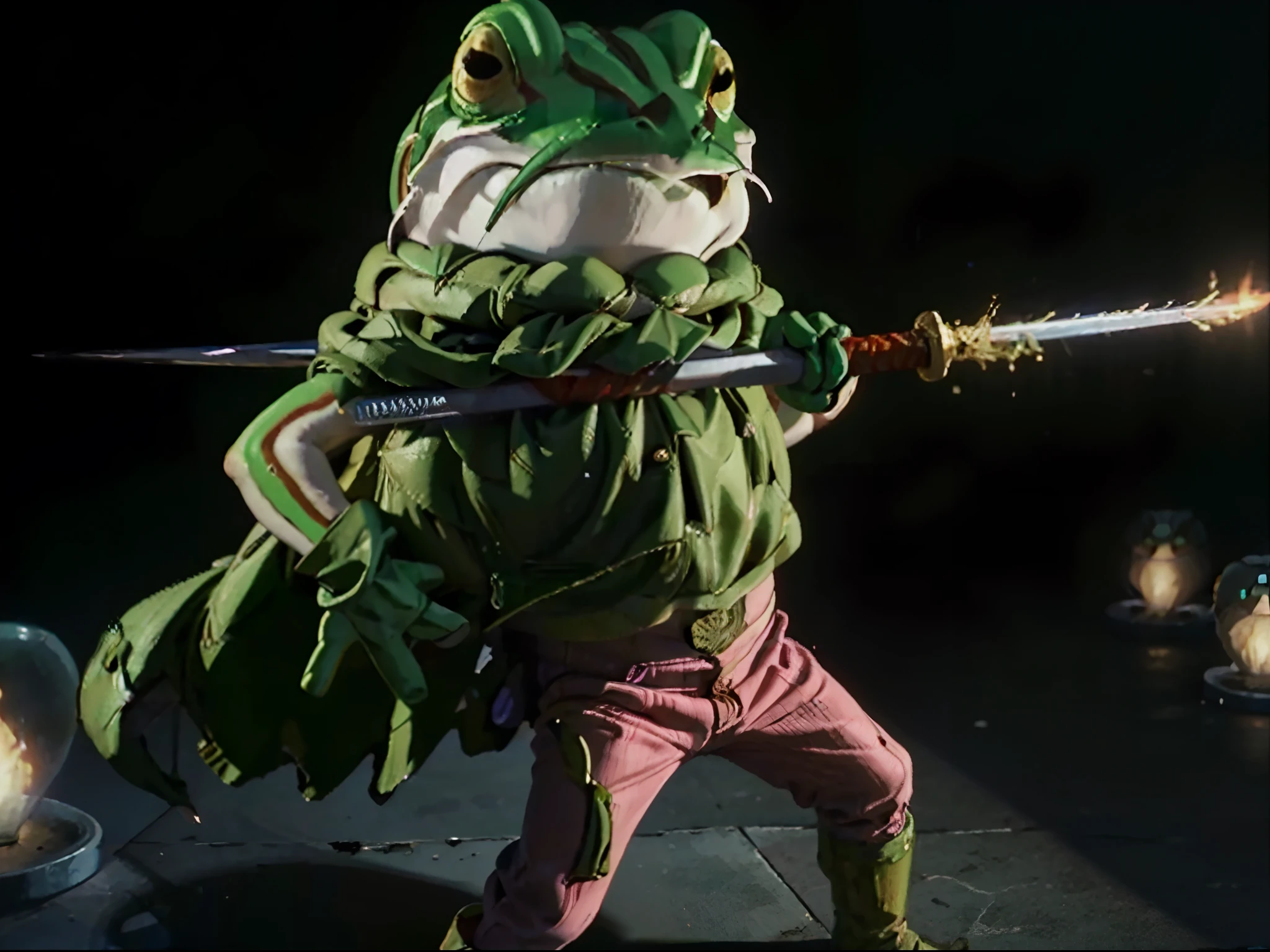 1animal(frog), skate, holding a fire sword, wearing pink underwear, absurdres, high res, ultrasharp, 8K, masterpiece