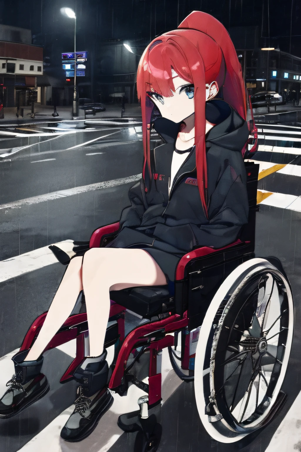 (1girl), young girl, masterpiece, high quality, red hair, bangs, blue eyes, (ponytail), (long hair), (straight hair), (in the crosswalk), (sitting in a wheelchair), (in the night), dark, (raining), wearing a rain coat