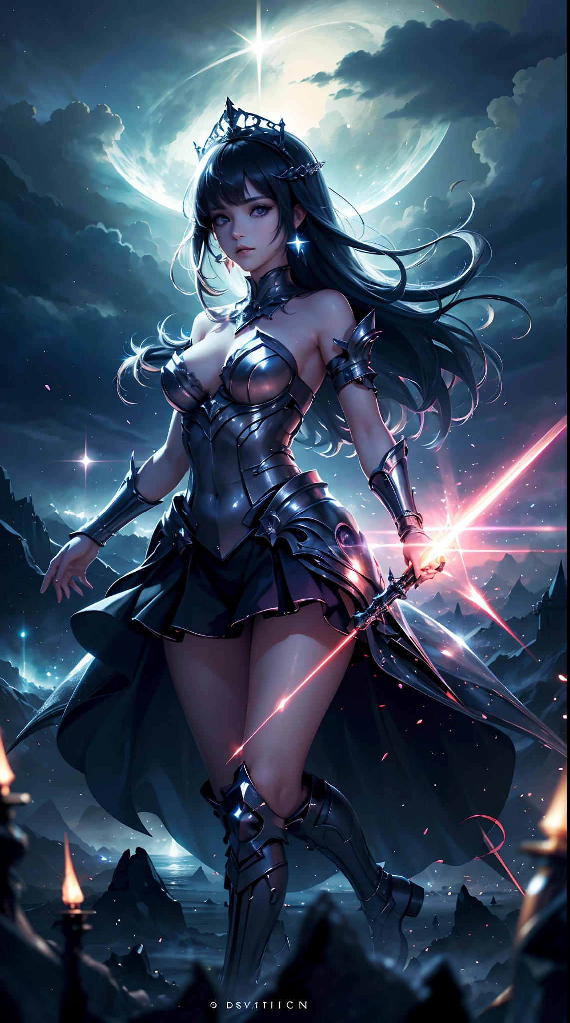 Seven beautiful Princess , seven stars, peliades, Background starsHD lighting and dark )<=(epic image quality)dark atmosphere with bright particle light(many effects in background)