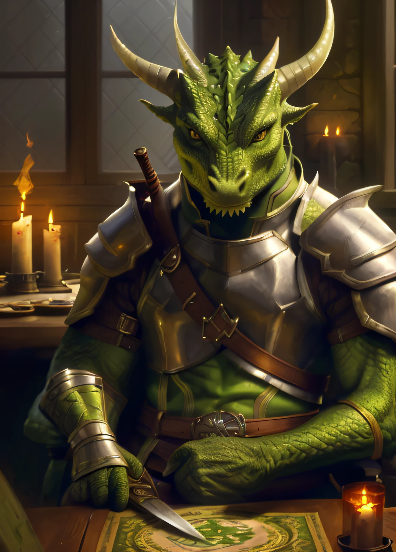 best quality,masterpiece,masterpiece portrait,intricate details,epic light,fantasy,Dragonborn,Dungeons & Dragons,Retro,white skin,solo,white armor,tavern,Green Cloak,Wooden table,Lizardman,Silver scale,kind smile,glove,soldier