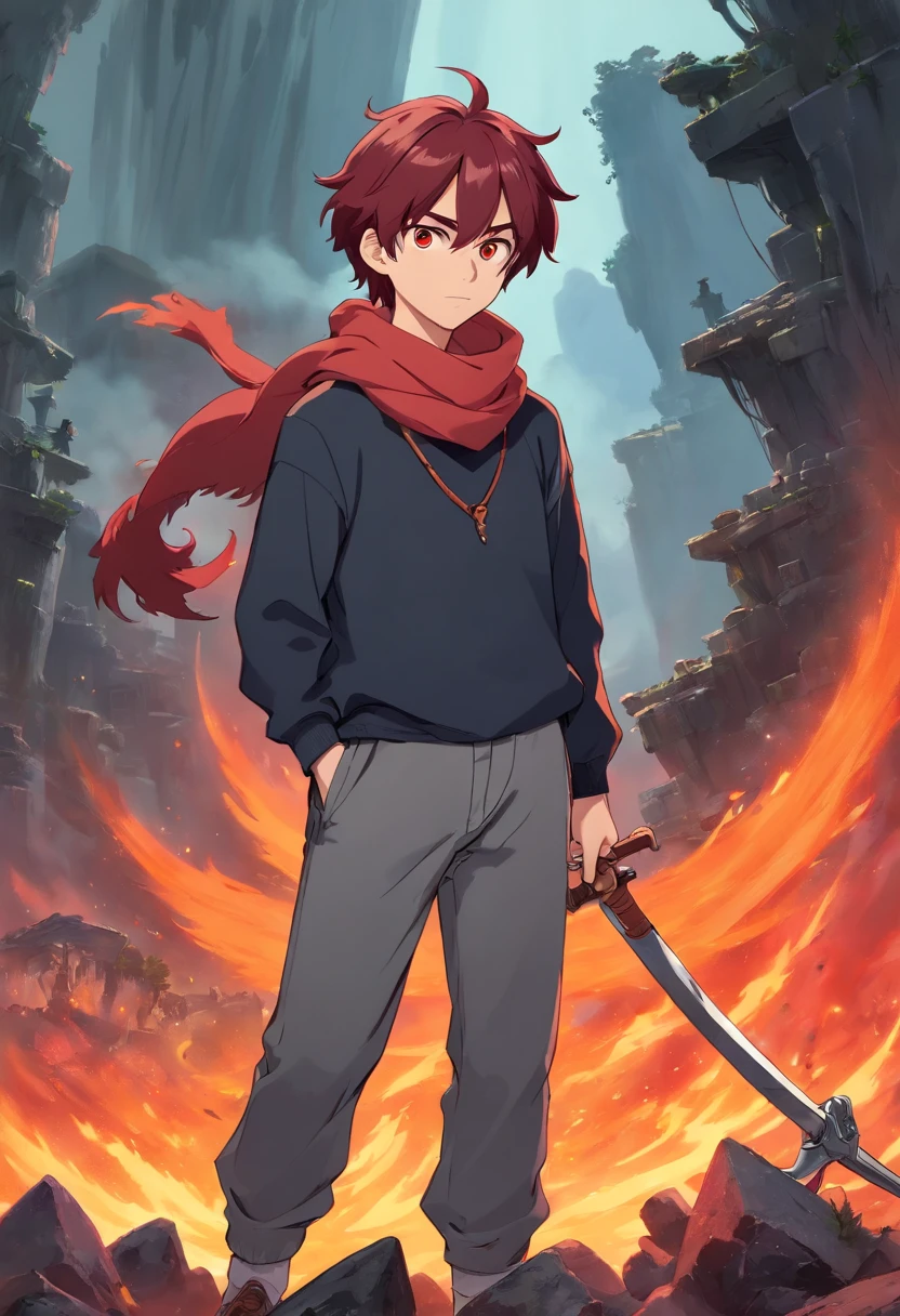 A young man of with medium dark red hair very messy with black horns on the forehead very dark red eyes a long sleeve gray apocalypse style sweatshirt a scarf with a long gray pants look tired and lazy a relaxed posture holding a lava scythe