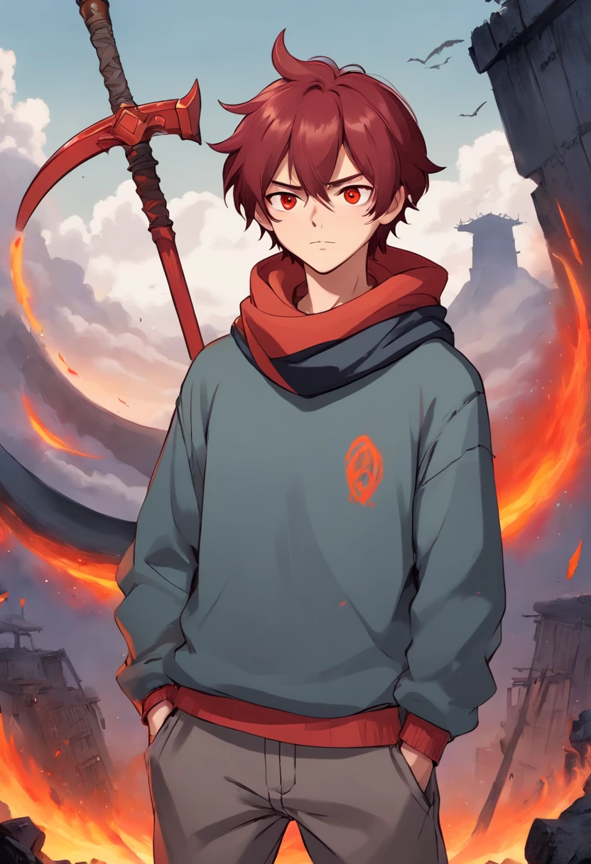 A young man of with medium dark red hair very messy with black horns on the forehead very dark red eyes a long sleeve gray apocalypse style sweatshirt a scarf with a long gray pants look tired and lazy a relaxed posture holding a lava scythe