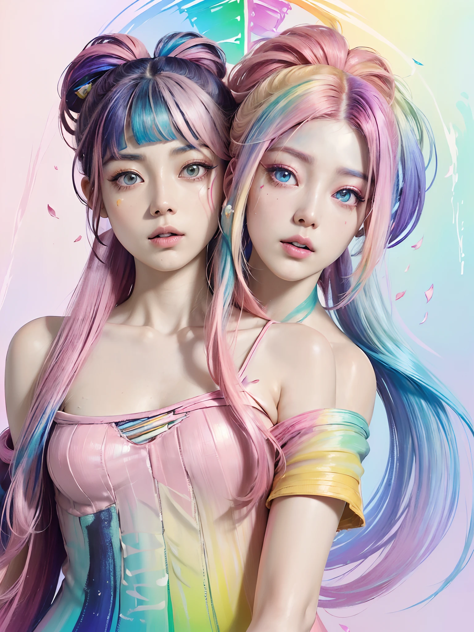 (Twoheads), two women with colorful hair and rainbow hair are posing for a picture, rossdraws pastel vibrant, beautiful sci - fi twins, loish and ross tran, beautiful gemini twins portrait, inspired by Yanjun Cheng, artwork in the style of guweiz, beautiful gemini twins, anime styled digital art, sakimichan frank franzzeta, rossdraws cartoon vibrant