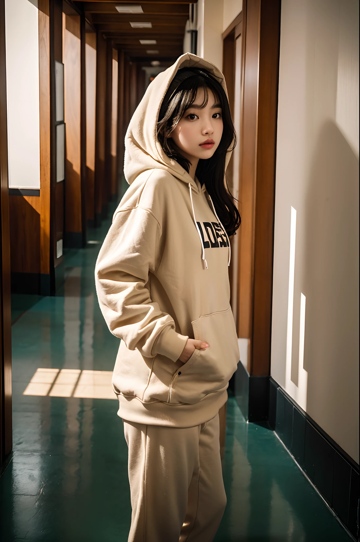 there is a woman standing in a hallway with a picture on the wall, girl wearing hoodie, she is wearing streetwear, black haired girl wearing hoodie, album art, beige hoodie, 19xx, woman in streetwear, mid shot portrait, bae suzy, e-girl, e - girl, sha xi, taken with canon 5d mk4, disney artist