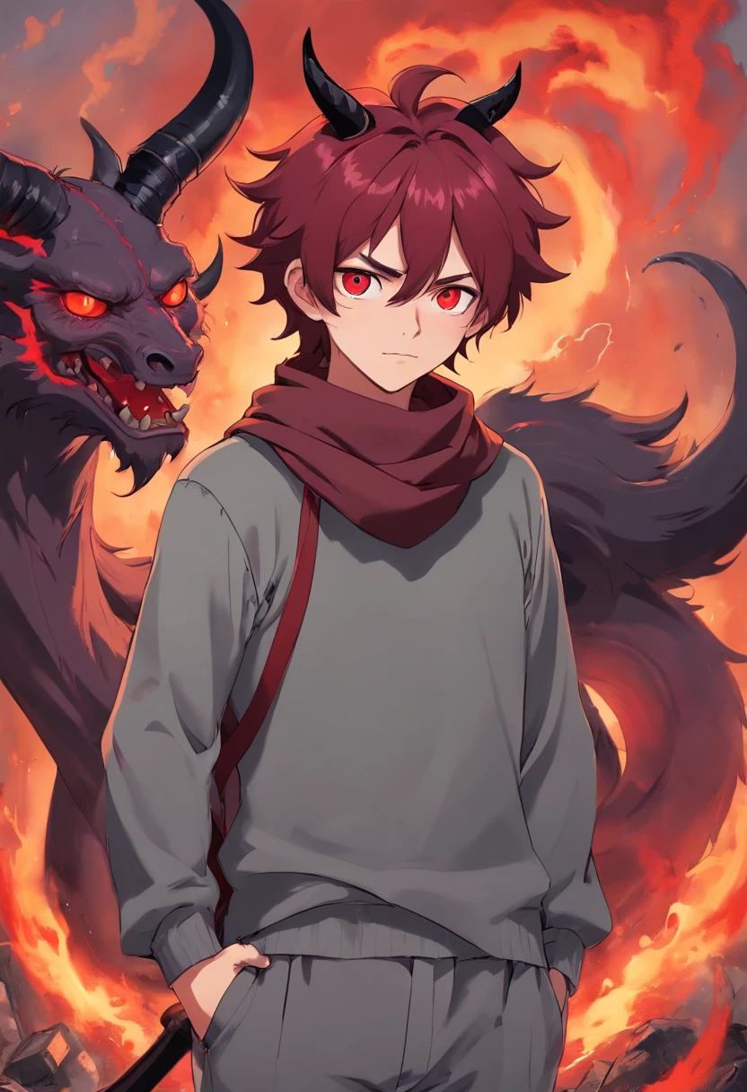 A young demon man of 17 years with medium dark red hair very messy with black horns on the forehead very dark red eyes a gray apocalypse style long sleeve blouse a scarf with a gray long pants with a tired and lazy look a relaxed posture holding a lava scythe