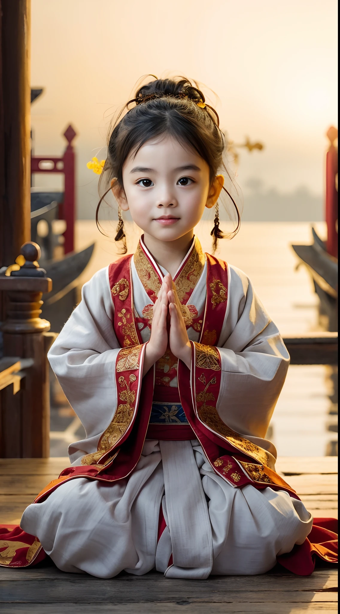 A toddler ,Wearing an orange robe,had his hands folded,Face the camera,Behind it is the temple