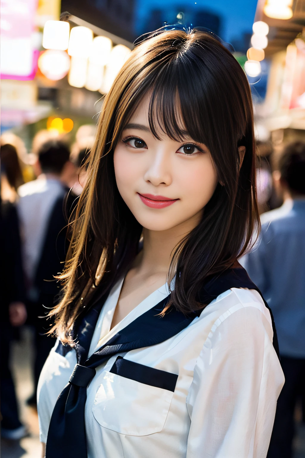 (8K、Raw photography、top-quality、​masterpiece:1.2)、(realisitic、Photorealsitic:1.37)、ultra-detailliert、超A high resolution、女の子1人、see the beholder、beautifull detailed face、A smile、Constriction、(Slim waist) :1.3)、Beautiful detailed skin、Skin Texture、Floating hair、Professional Lighting、Whole human body、Longhaire、a blond、japanese hight school uniform、a sailor suit、matsuri、In the street、sparklers、Bob Hair、Summer Festivals、food stand、Happy smile
