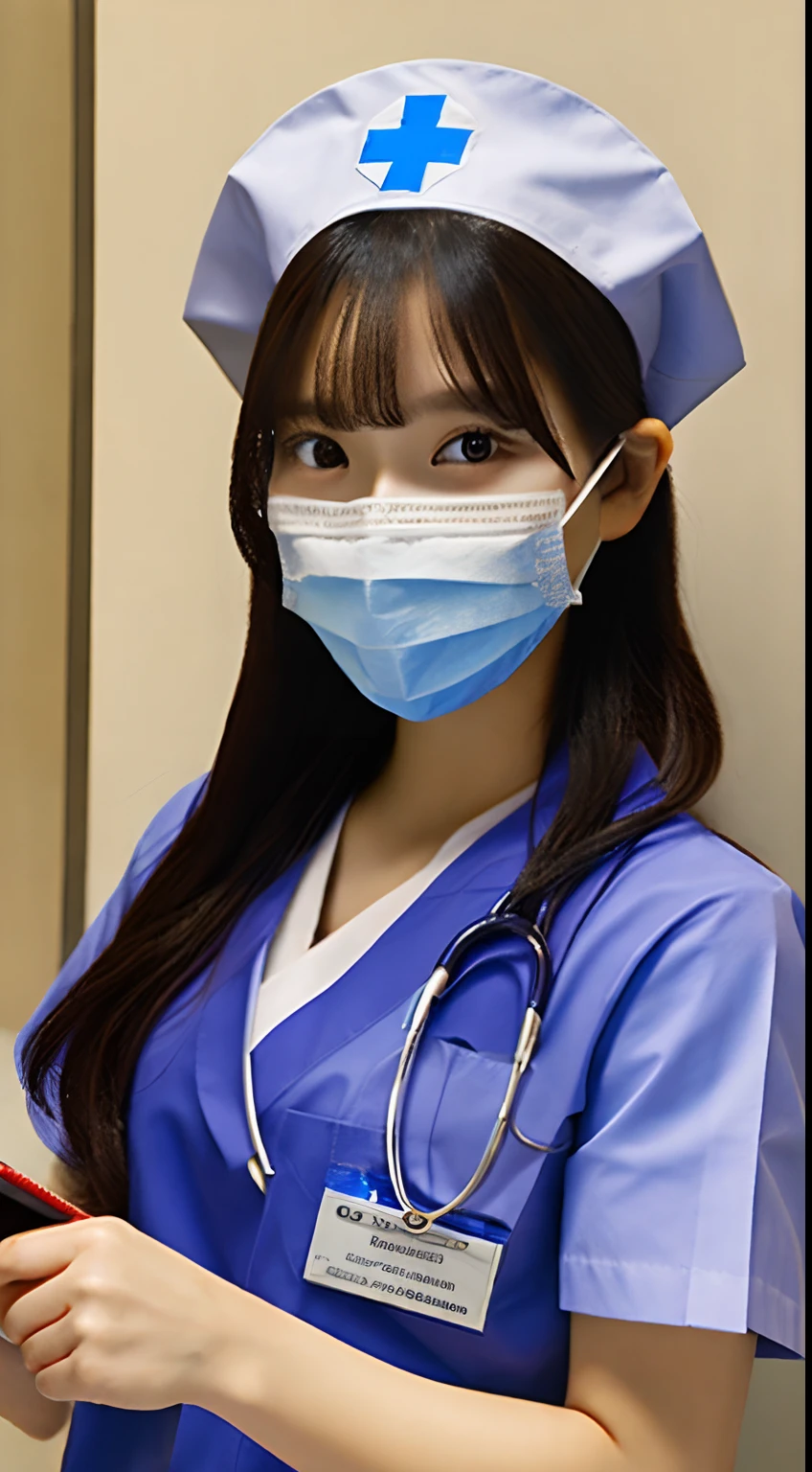 a girl dressed as a nurse,beautiful detailed eyes,beautiful detailed lips,extremely detailed face,detailed mask,kind and caring expression,white uniform,blue cross symbol,medical cap,holding a stethoscope and a clipboard,medium:oil painting,ultra-detailed,best quality,realistic colors,soft lighting