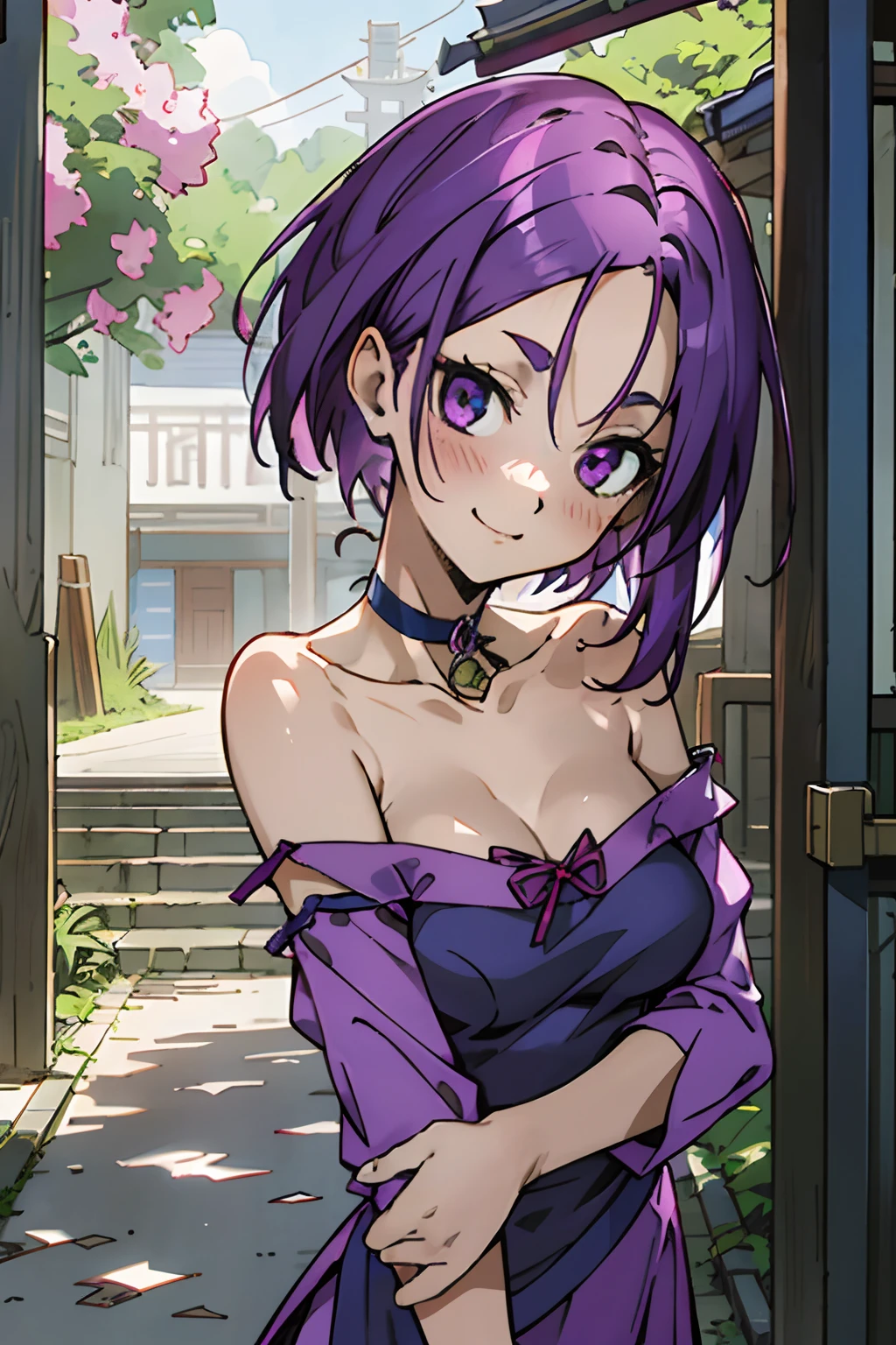 masutepiece, Best Quality, Ultra-detailed, Off-the-shoulder clothing, Colorful,Up-close, Hyper-detailing，purple color  hair, Reo Mikage, Blue Lock, no sleeves, Camisole, Blue Camisole, Cheongsam, chinese clothes, Chest exposure, Underwear, Metamorphosis is exposed, Choker, arm warmer, Sexy breasts, Scar, Big breasts, red blush, 1girl in, Solo, Sharp face, Heterochromia, Green eyes, Purple eyes, Bare neck, Happy face, rays of sunshine, Brave Sky, shining sky, Village of Shanghai, Slums